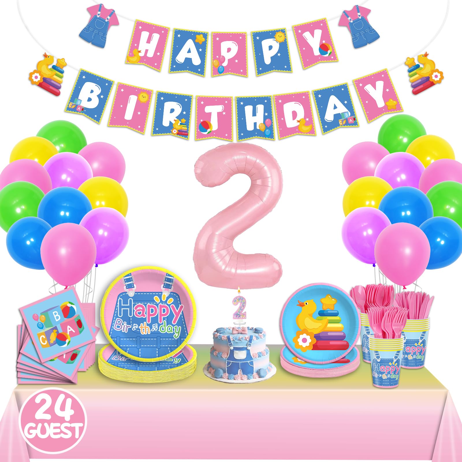 English Teacher Party Supplies, Fufuddz Rainbow Birthday Decorations Cartoon Teacher Party Plates and Napkins for Girls Boys 2nd Birthday Banner