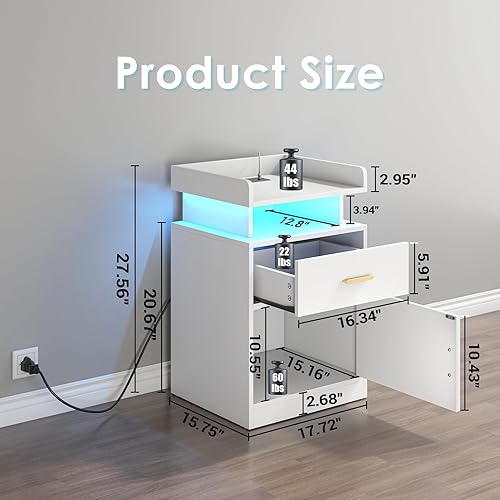 Miniatura 2 de Aufvolr Mesita de noche con estación de carga y luces LED, mesita de noche con cajón, mesita de noche con almacenamiento de gabinete, mesita de