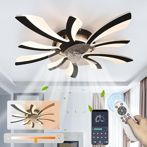 SUNOVO Ventilador de perfil bajo con luz, ventilador de techo de flores regulable de 31 pulgadas, ventilador de techo LED de montaje empotrado con