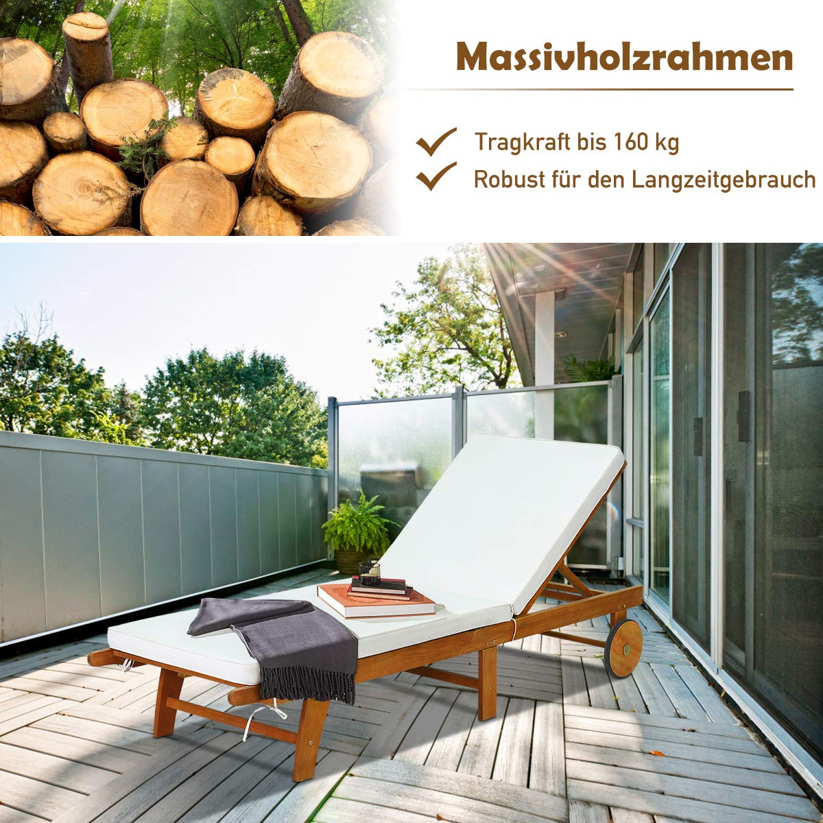 COSTWAY Sonnenliege mit Rollen und Auflage, klappbare Gartenliege mit Verstellbarer Rückenlehne, Liegestuhl aus Holz, Balkonliege, Strandliege für Garten, Balkon und Terrasse