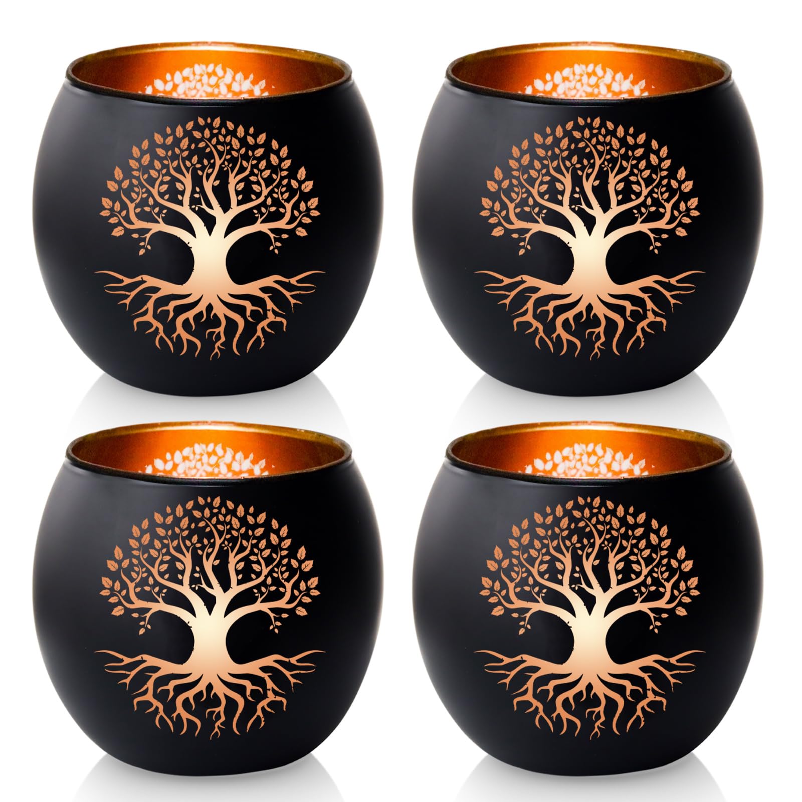 Lebensbaum Kerzenhalter 4er Set - Teelichthalter Glas, Baum des Lebens Windlicht für Tischdeko Wohnzimmer, Spirituelle Geschenke für Frauen Männer, Schwarz & Gold