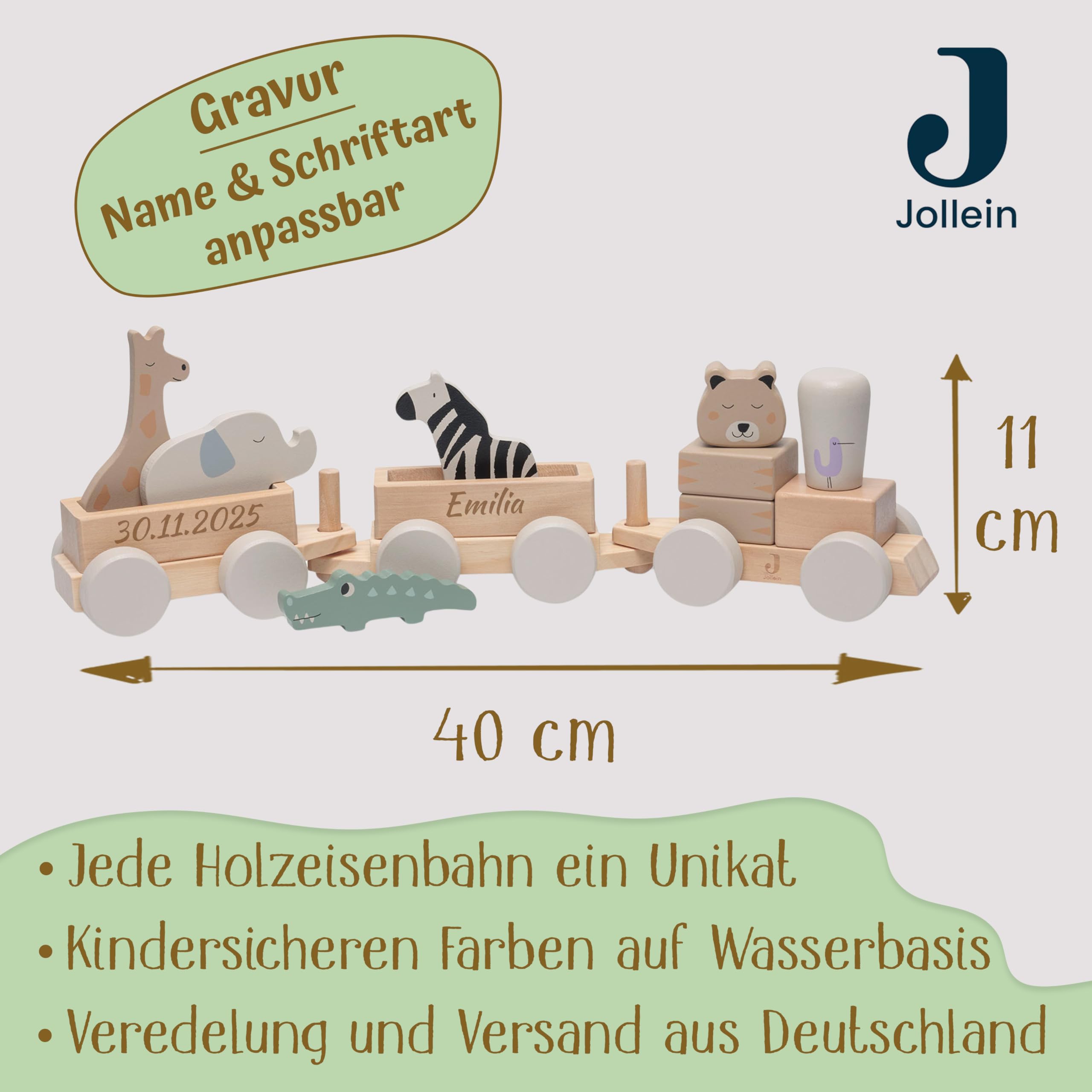 Jollein Holzzug personalisiert mit Name & Datum – FSC Holzspielzeug ab 18 Monate – Made in Germany – beidseitige Gravur – Motorikspielzeug mit Tieren