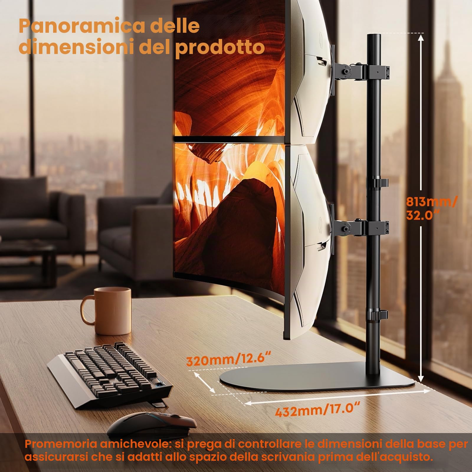 Supporto per monitor 2 monitor sovrapposti per monitor da 17-49 pollici, verticale impilabile, supporto per monitor autoportante, regolabile in altezza, max 20 kg per braccio, VESA 75/100 mm, nero