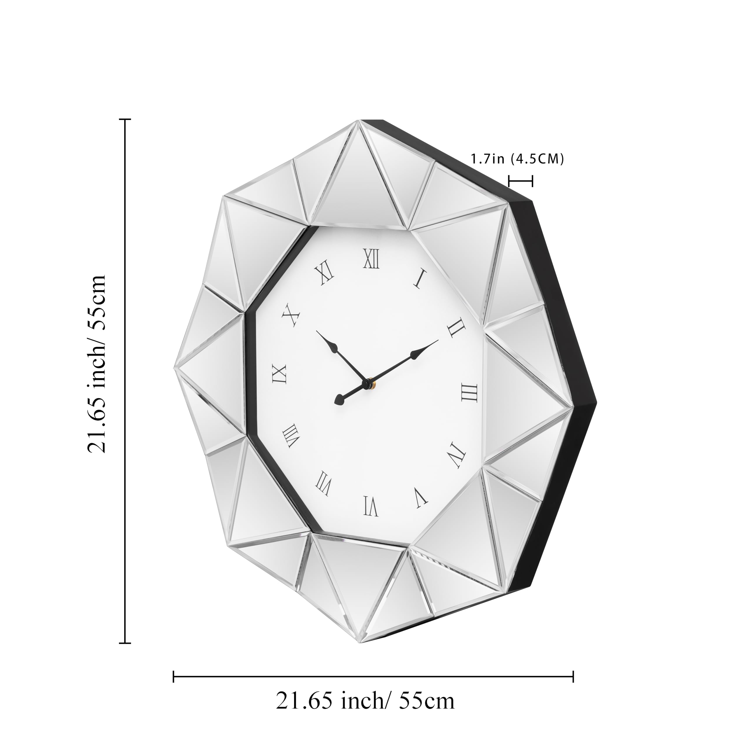 Reloj de pared decorativo, reloj grande plateado con espejo, reloj silencioso moderno con marco biselado de diamante, reloj de pared para sala de estar, comedor, 23.4 pulgadas