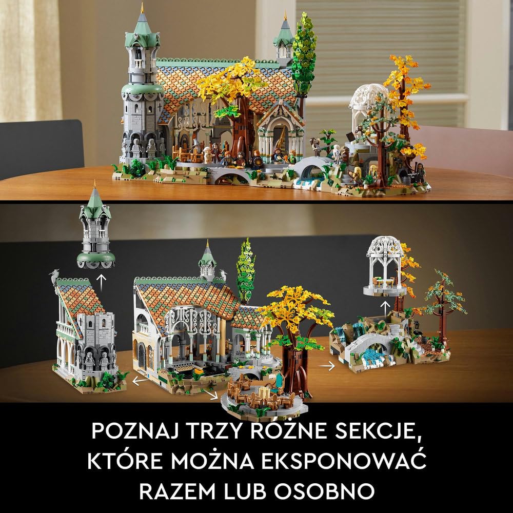 LEGO 10316 Icons WŁADCA PIERŚCIENI: RIVENDELL, duży zestaw klocków konstrukcyjnych dla dorosłych z 15 minifigurkami, w tym Frodo, Sam i Bilbo Baggins, replika Rivendell, pomysł na prezent