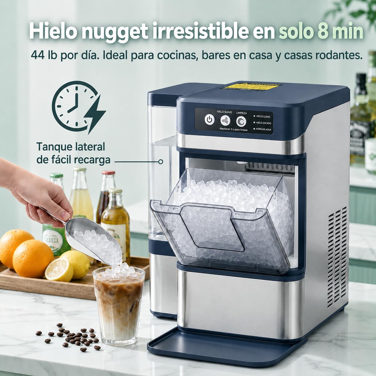 Máquina de Hielo Nugget Masticable, 20kg/24h, Hielo en 8-10 Min | Hielo suave ideal para bebidas, con depósito 1,3L, autolimpieza y diseño compacto para hogar, oficina y fiestas.