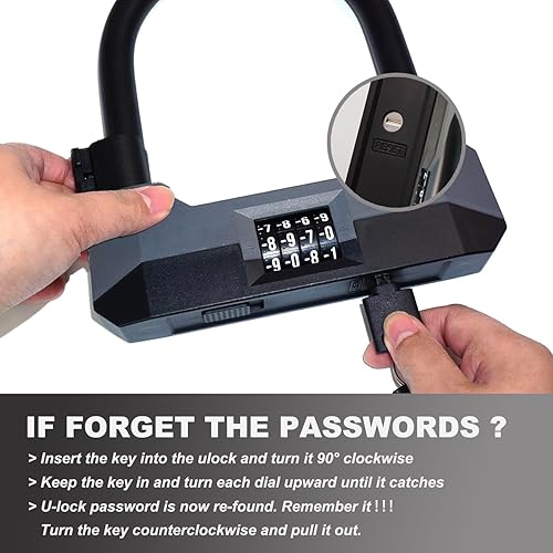 Miniatura 6 de Candados de bicicleta resistentes antirrobo, combinación de bloqueo en U de 0.709 in con cable de acero de 5 pies, 4 dígitos reiniciable, cerradura