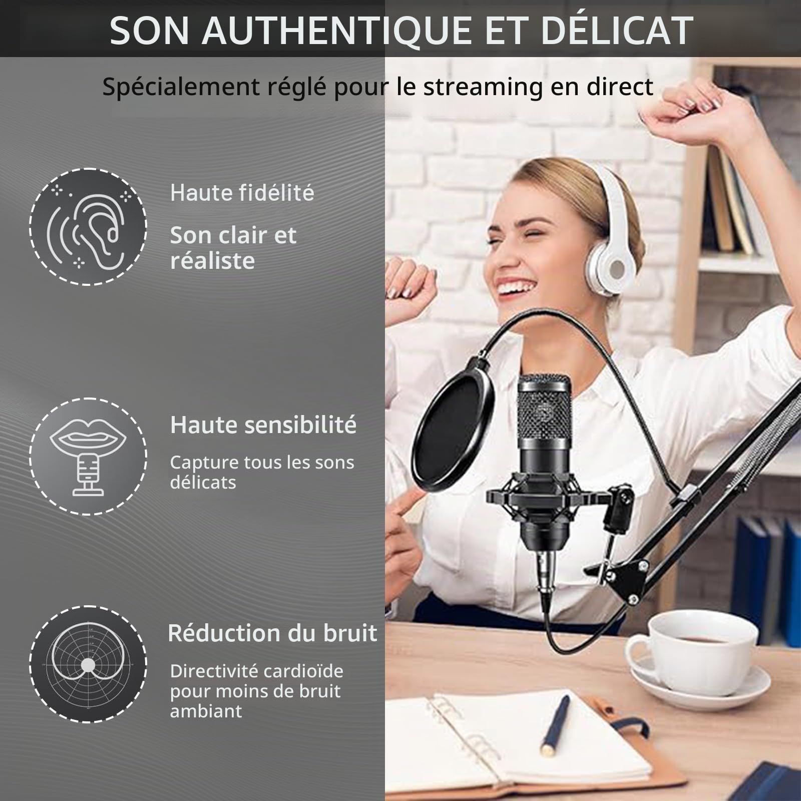 BM800 Kit complet de podcast pour 2, microphone de studio avec directivité cardioïde, interface audio et mixeur DJ, idéal pour diffusion en direct, chant, TikTok et YouTube