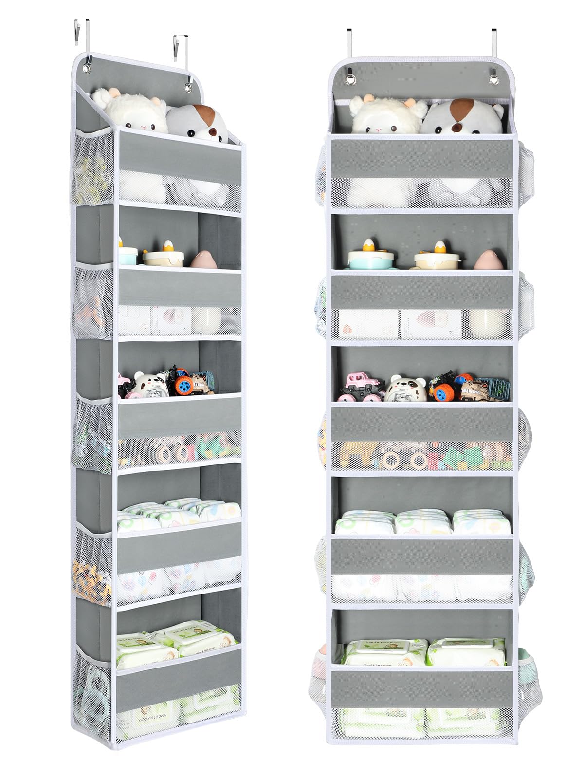 Organizador para colgar sobre la puerta Yecaye de 2 piezas con 5 compartimentos, 10 bolsillos laterales, capacidad de 20 kg, organizador para baño y dormitorio, organizador para colgar detrás de la puerta, para guardería, artículos esenciales para bebés recién nacidos, color gris.