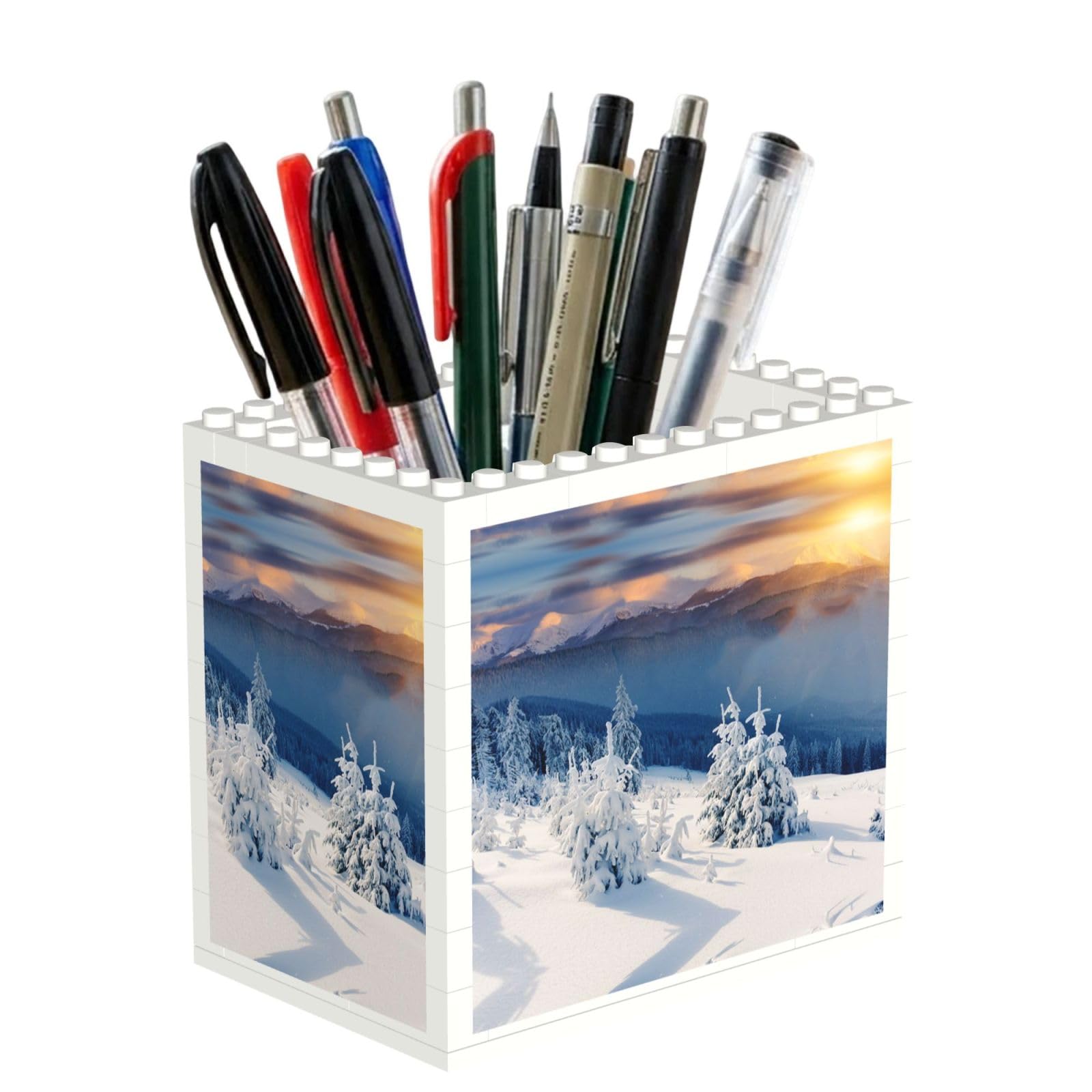 SATUSA Sunset Winter Mountains Print Building Block Texture Pen Holder - Pencil Holder For Desk Pen Organizer,Aesthetic Desk Accessories For Women(1pcs)