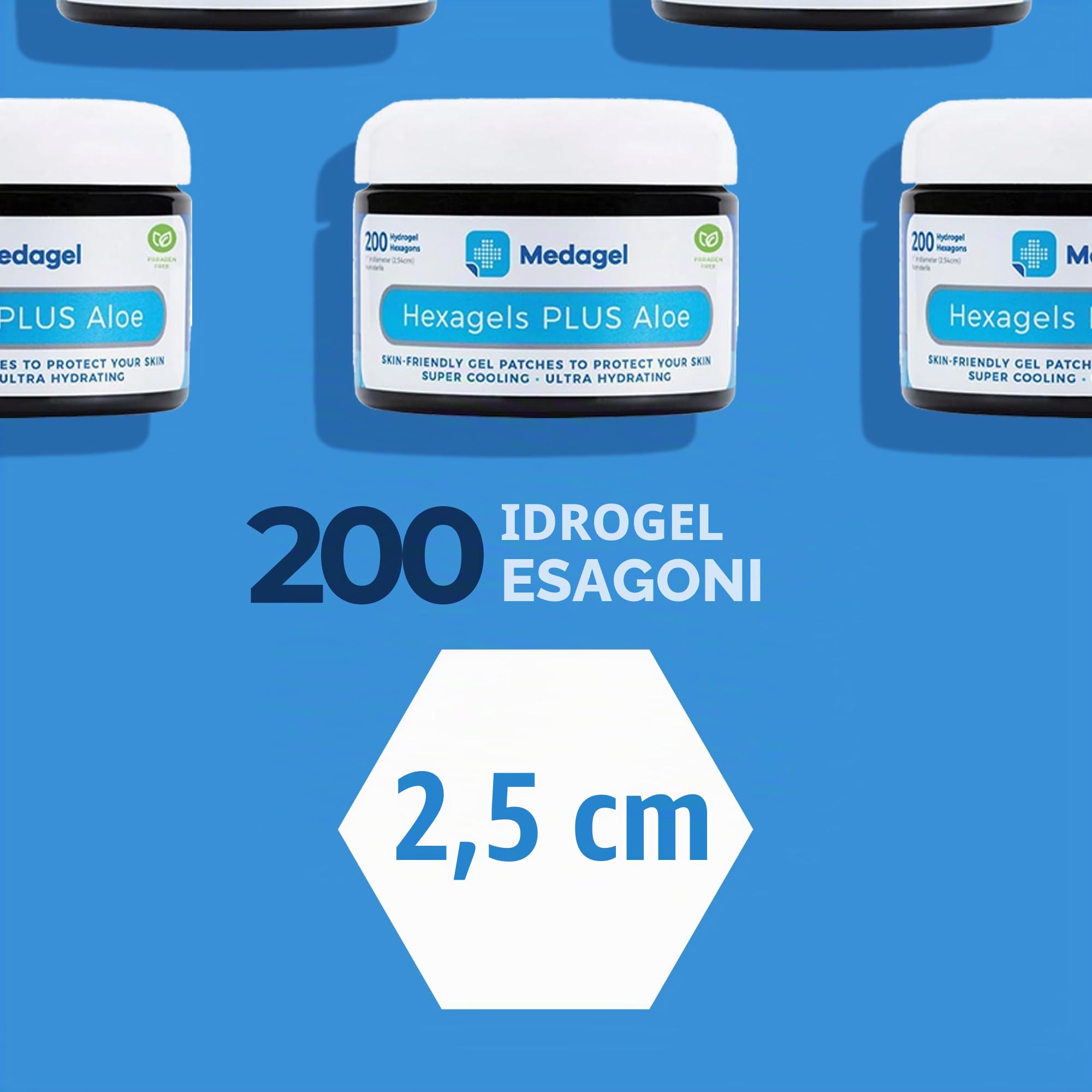 Medagel Hexagels Plus Aloe Vera - Cuscinetti curativi in idrogel per la prevenzione delle vesciche e la cura lenitiva delle ustioni, protezione per piedi, tallone, dita e caviglia, confezione da 200