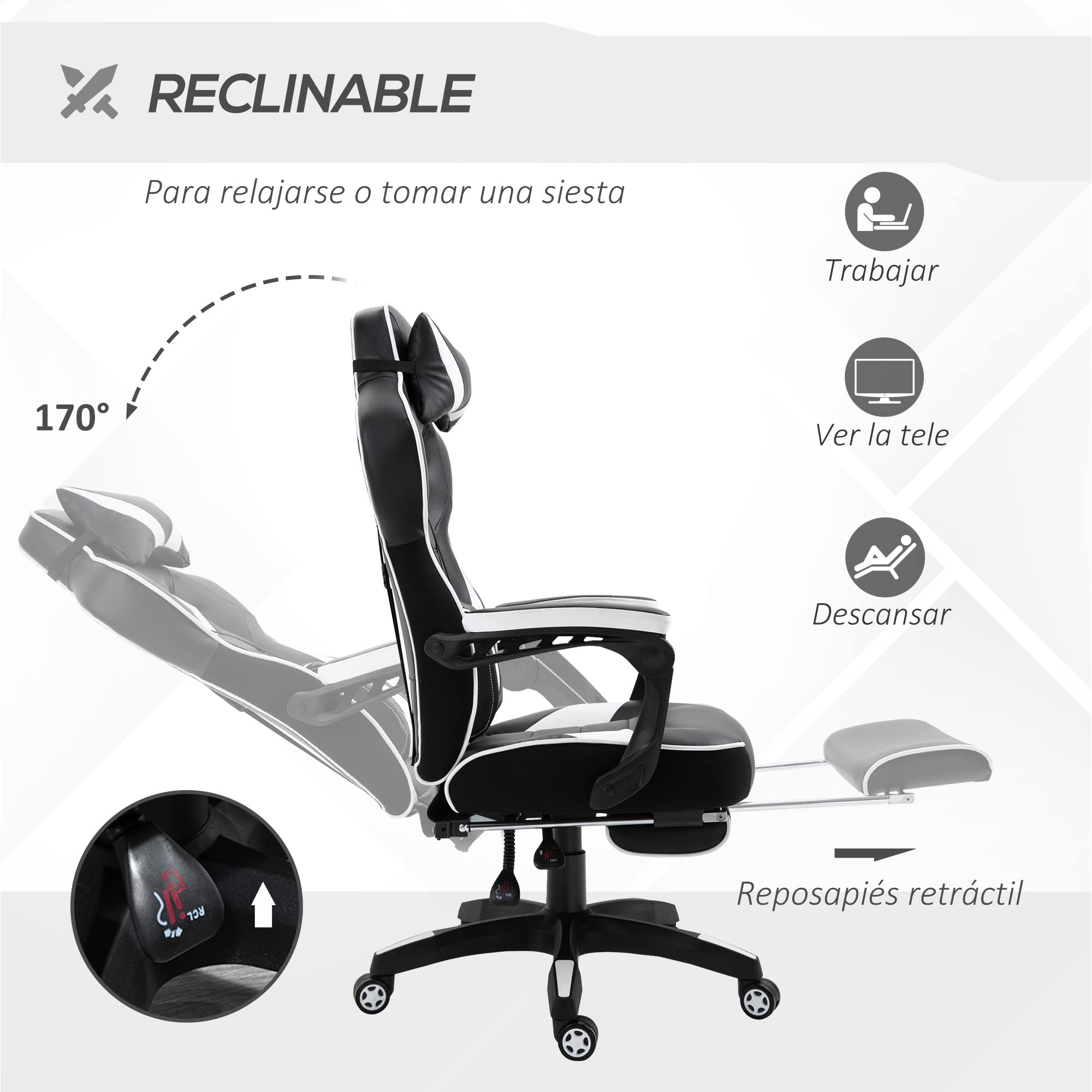 Vinsetto Silla Gaming Regulable en Altura 65x70x118,5-128,5 cm Blanco | Ergonómica, Silla de Escritorio de Oficina, Respaldo Reclinable, Reposapiés, Reposacabezas, Cojín Lumbar, Ruedas
