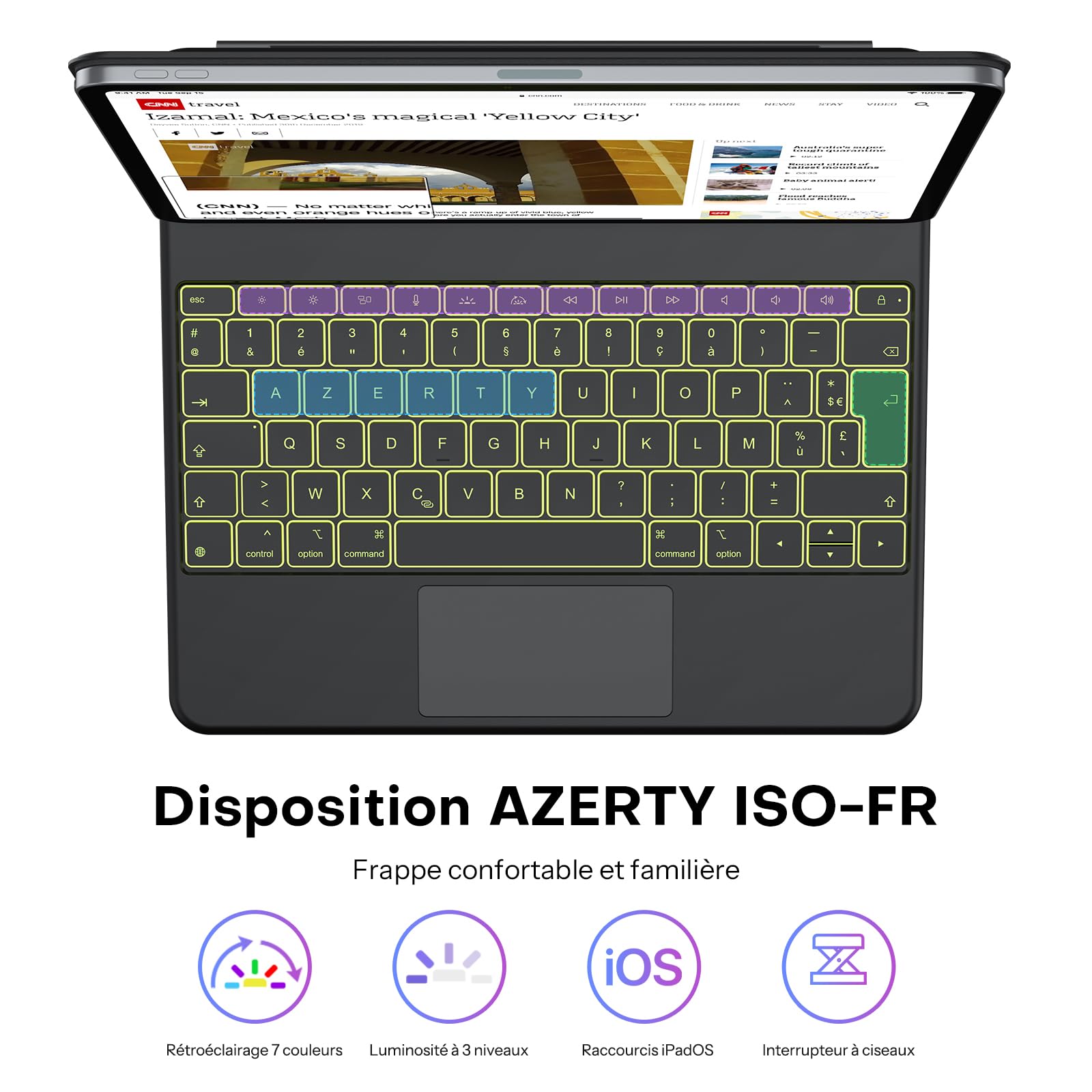 OMOTON Clavier AZERTY pour iPad Air 13 Pouces (M4/M3/M2) Magic Keyboard iPad Pro 12.9 (6/5/4/3 Gen), Pavé Tactile Intégral, Étui Clavier sans Fil magnétique Rétroéclairé, Portable, KC014