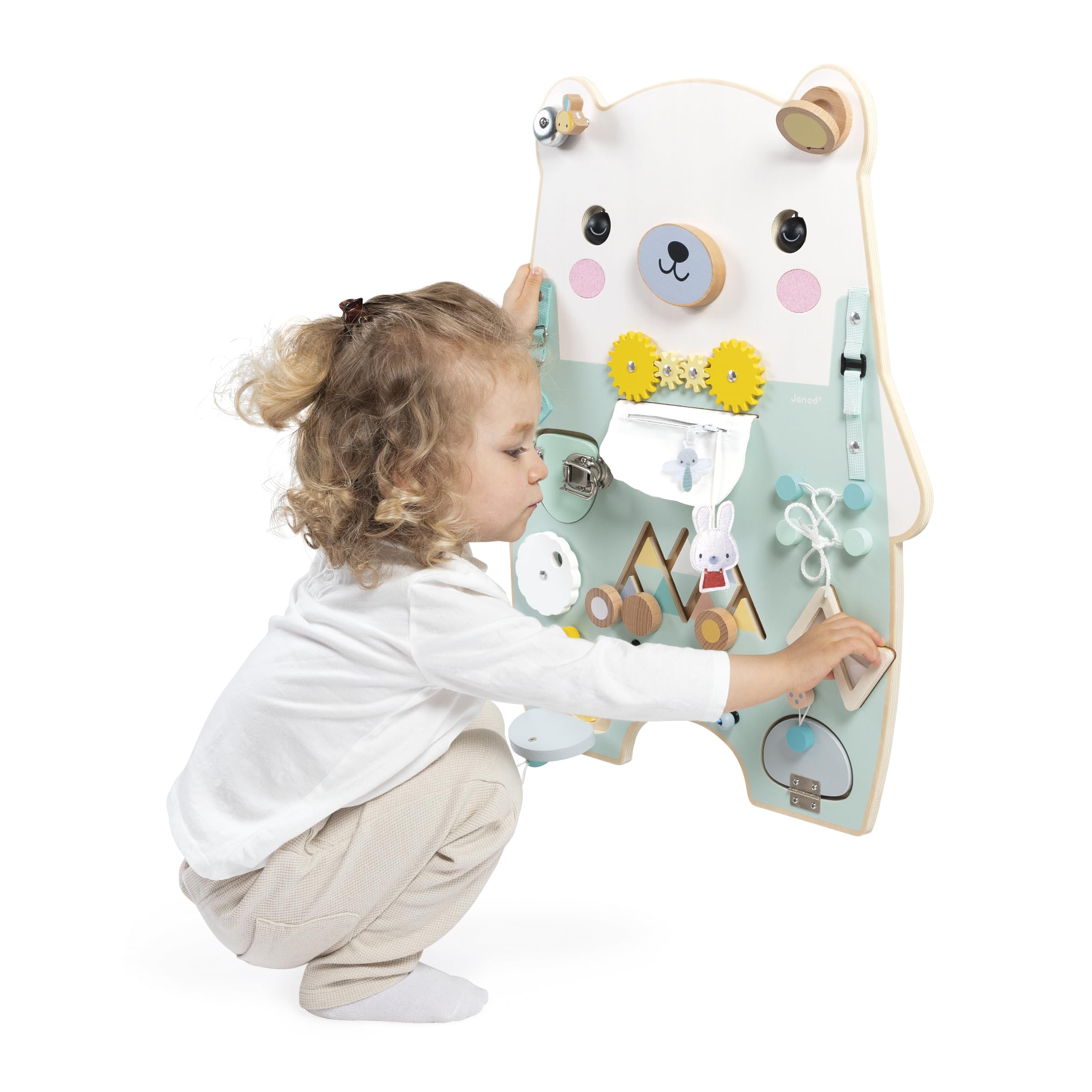 Janod Busy Board Ourson, 20 attività, Grande Tavolo di attività in Legno, Ottime per Lo Sviluppo della motricità fine, la curiosità e la destrezza, Altezza 60 cm, da 18 Mesi, J05162