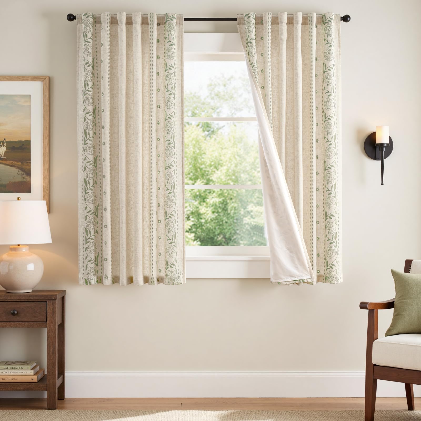 Photo 1 of jinchan Winslow Lined Linen Curtains for Bedroom 63 Inches Linen Blended Embroidered Bordered Floral Curtains for Living Room Farmhouse Decor Window Treatments Sage on Beige Drapes 2 Panels