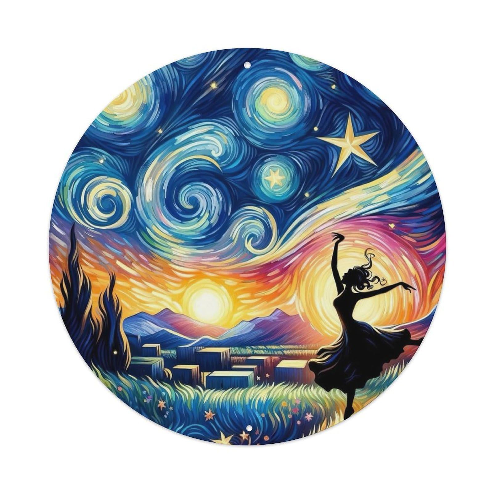 Vintage Art Starry Night Dancer's Dreamy Melody Vintage Metal Tin Sign Plaque Wall Decor for Cafe, Club, Garden Round Metal Poster 8x8Inch
