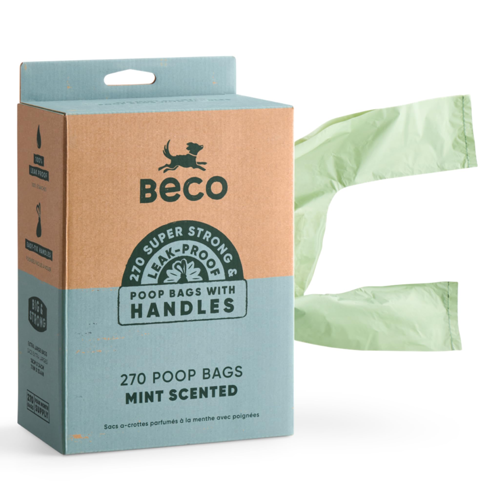 Beco Dog Poo Bags, 94% Recycled Plastic, Mint Scented Tie Handles, 270 Bags