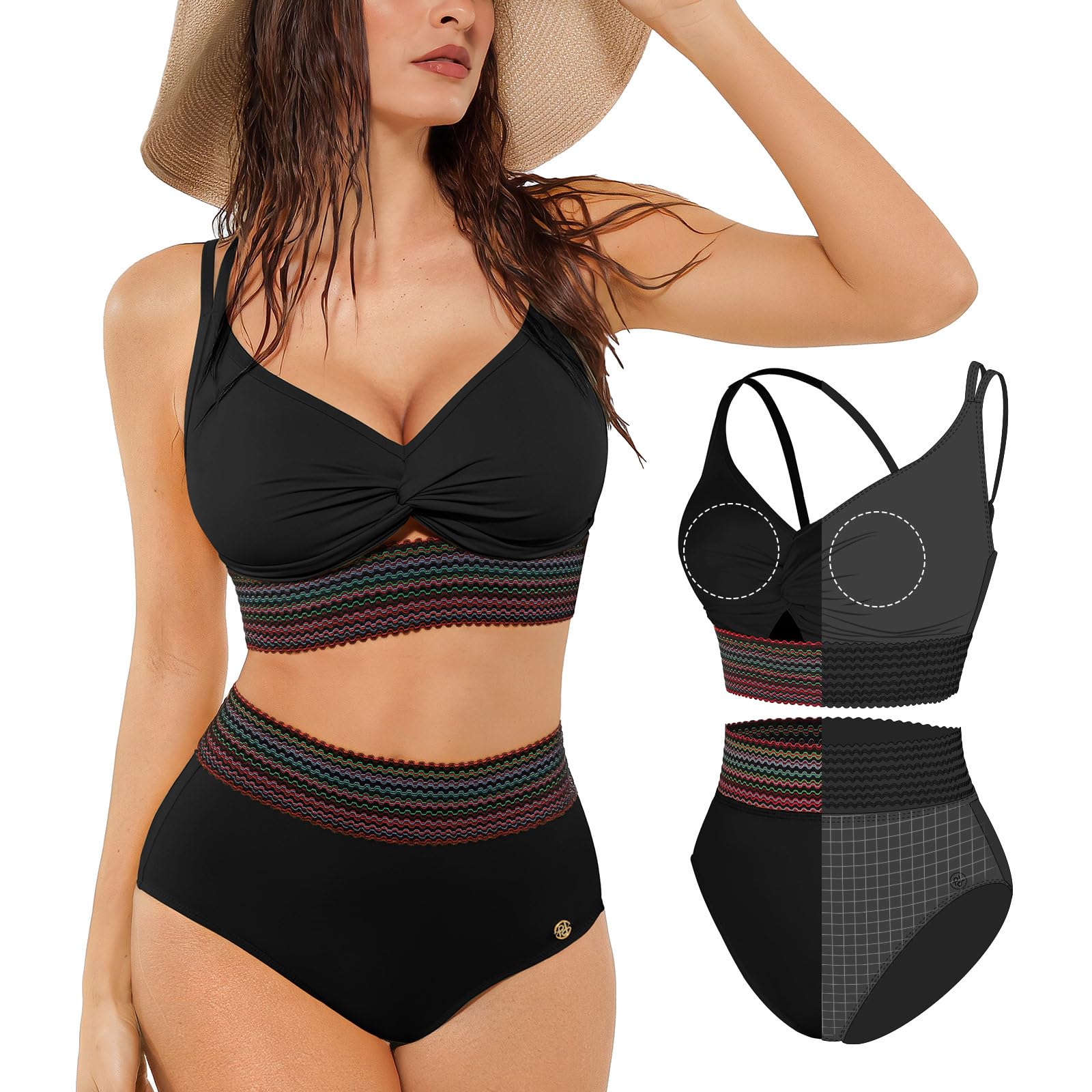 Photo 1 of Popilush Tummy Control Swimsuits for Women High Waisted Bikini Sets Two Piece Boho Swimsuit Shapewear 4 Way Wear Beach and Pool Size M Color Black