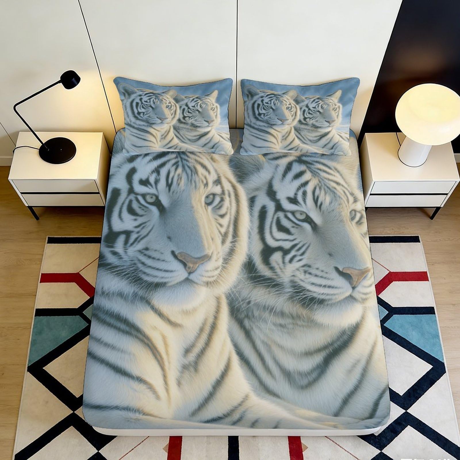 3D Printed White Tiger Fitted Sheet Microfiber Soft Anti-Slip Jungle Animal Mattress Cover Bedroom Decor 120x200cm 160x200x25cm