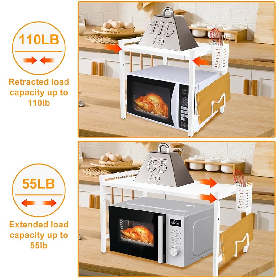 Jnismy 2 Tier Expandable Microwave Oven Rack,Kitchen Counter Organizer Shelf Stand Cutter Holder Chopping Board Stand Adjustable Carbon Steel Kitchen