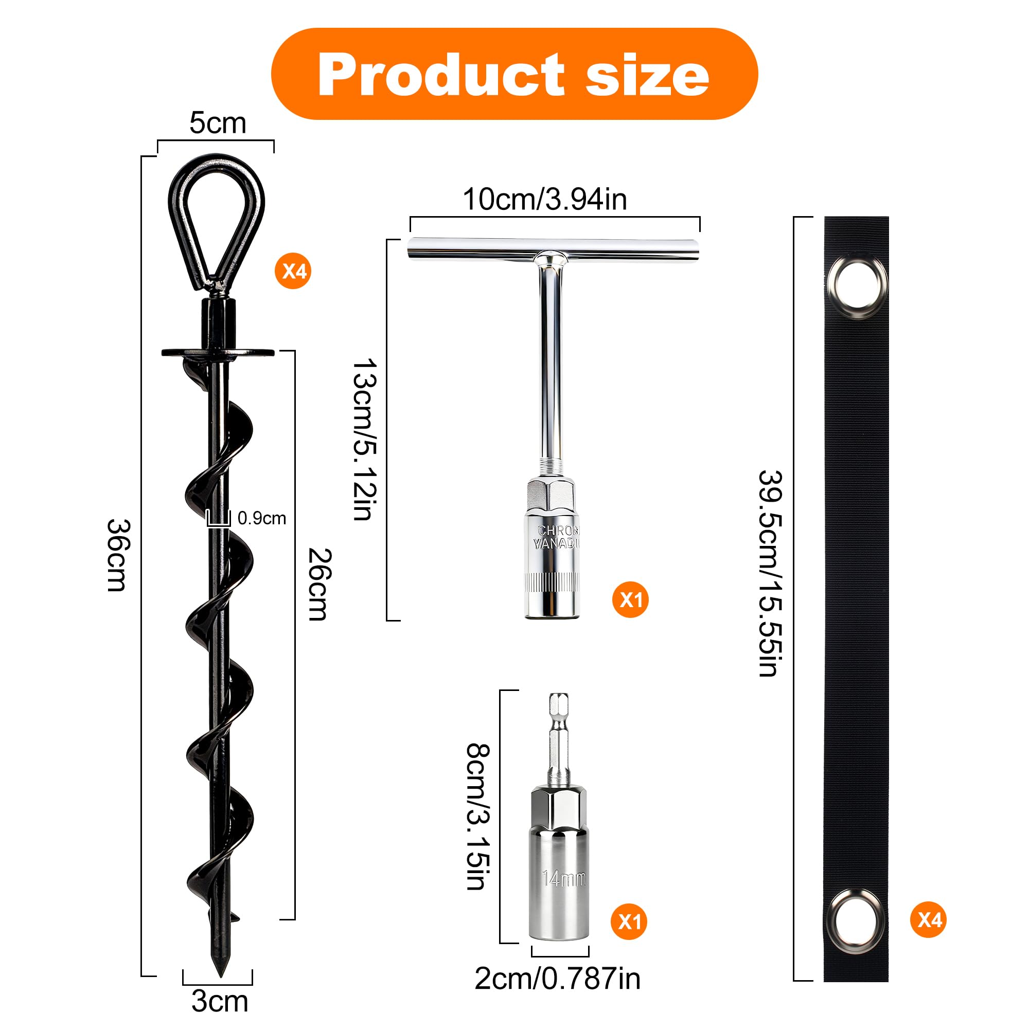 Ancoraggio a Terra 36 cm, Picchetti a Vite in Acciaio da Avvitare, Ancoraggi al Suolo Heavy Duty per Trampolino, Tende, Altalene e Campeggio, Picchetti Tenda Antiruggine per Fissaggio Esterno,4