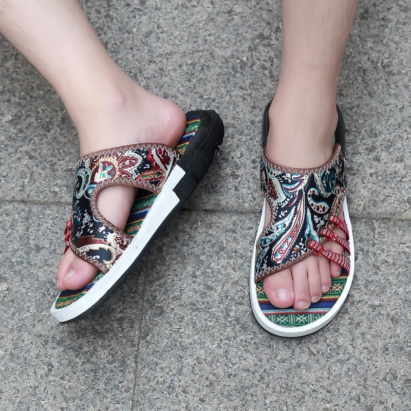 Men's retro-style summer sandals, featuring stripe and polka dot designs, lace-up canvas flat rubber soles, suitable for casual outdoor wear.3