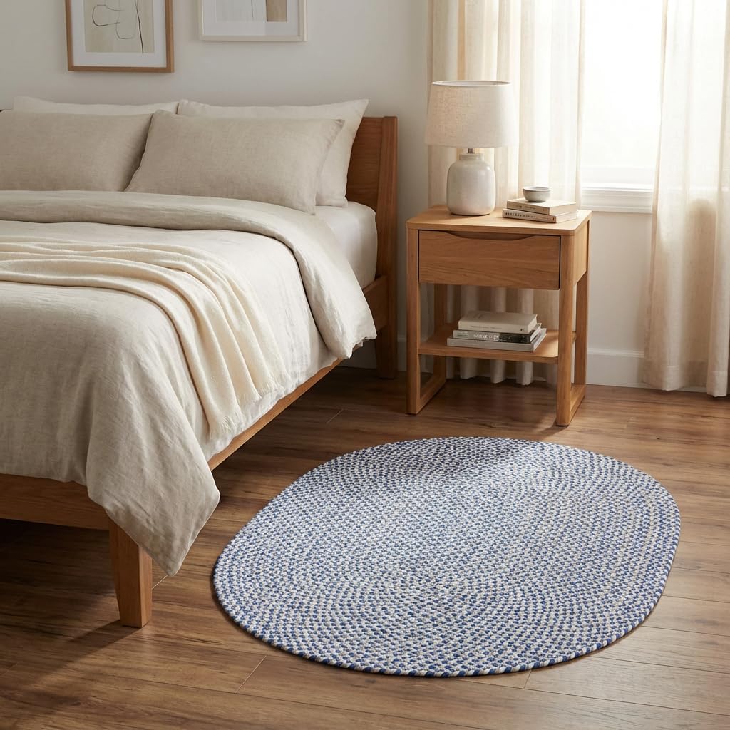Super Area Rugs Tri-Color Cotton Farmhouse Braided Rug - Buffalo Check Blue,White,Gray 2' X 3' Oval