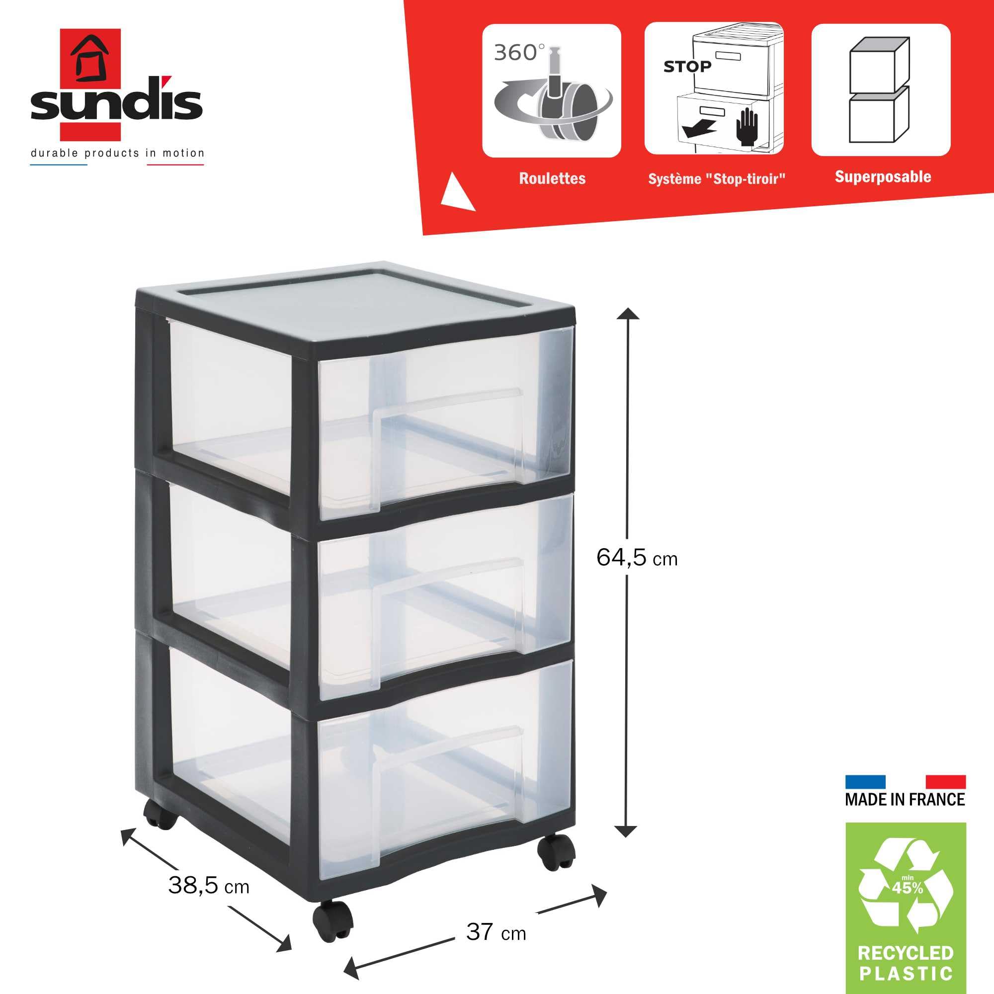SUNDIS Tag Tower XL, kunststof opbergtoren met wieltjes, grijs, 5 transparante laden, hoogte 102,5 cm, gemakkelijk te verplaatsen, ideaal voor kantooropslag, cursussen, documenten, benodigdheden