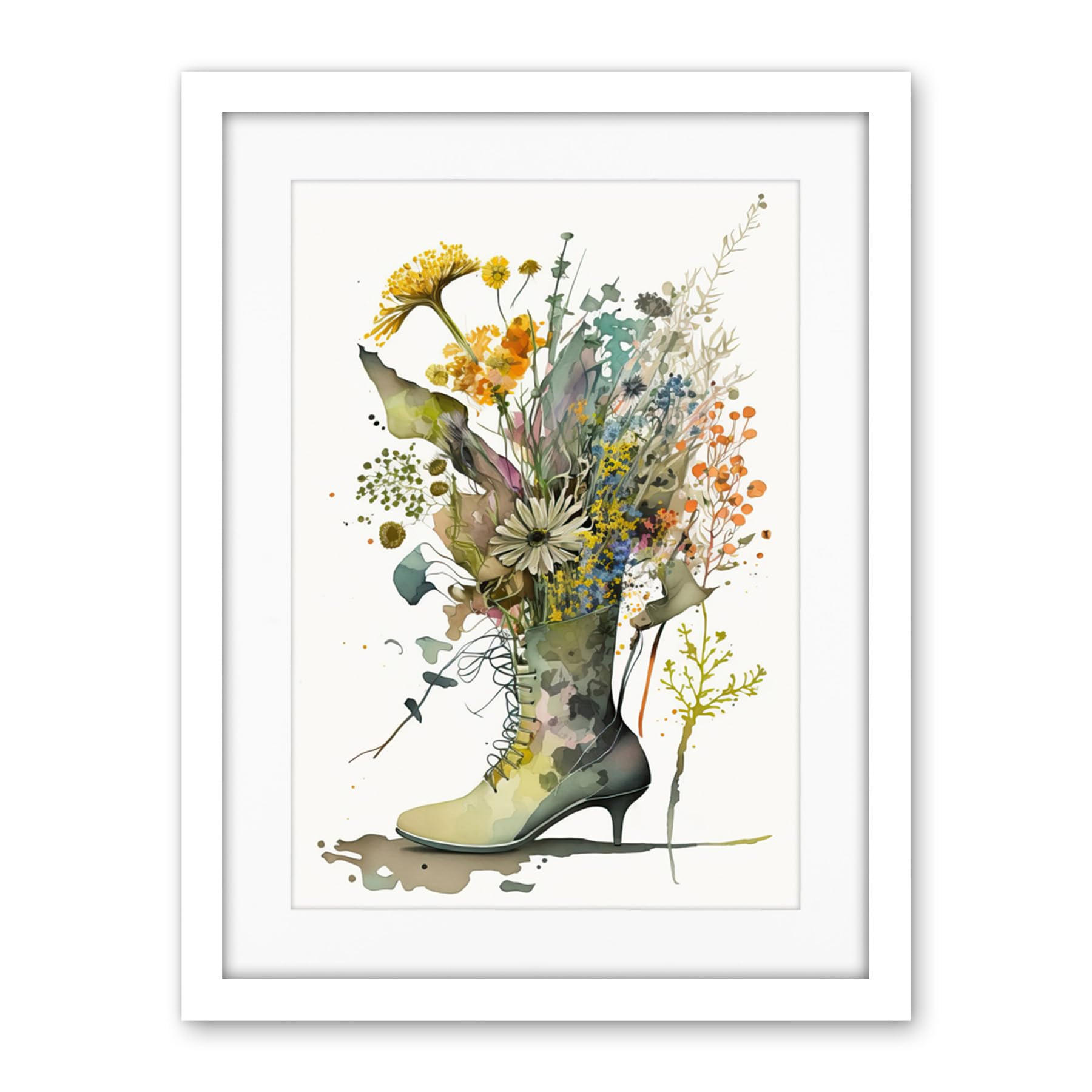 Artery8 Spring Wildflower Bouquet Stiletto Military Boot Artwork Framed Wall Art Print 18X24 Inch