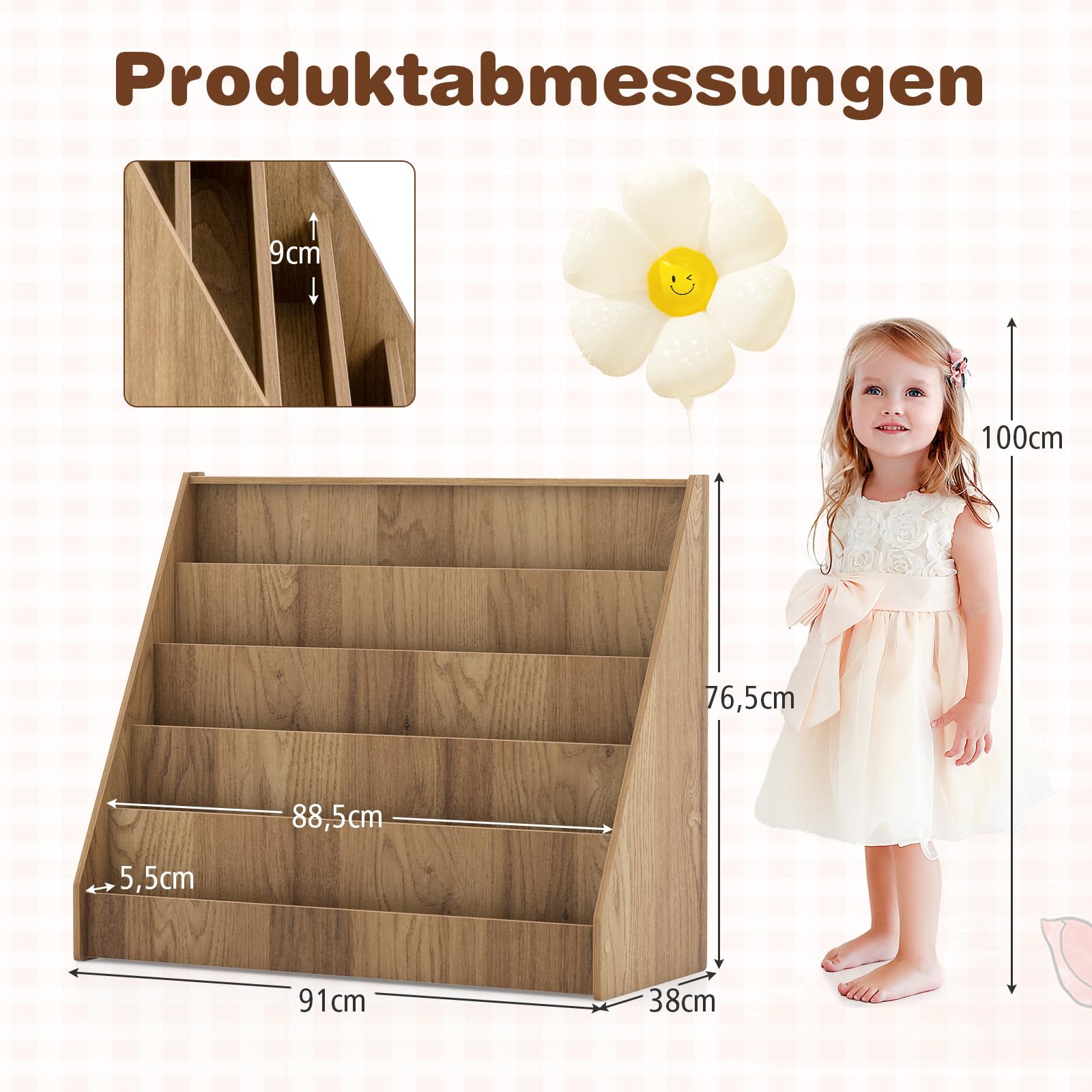 GOPLUS Dziecięca półka na książki, 5-poziomowa półka dziecięca z głębokimi szufladzkami, półka Montessori na książki dziecięce, stojak na gazety, półka do przechowywania, półka dziecięca do salonu