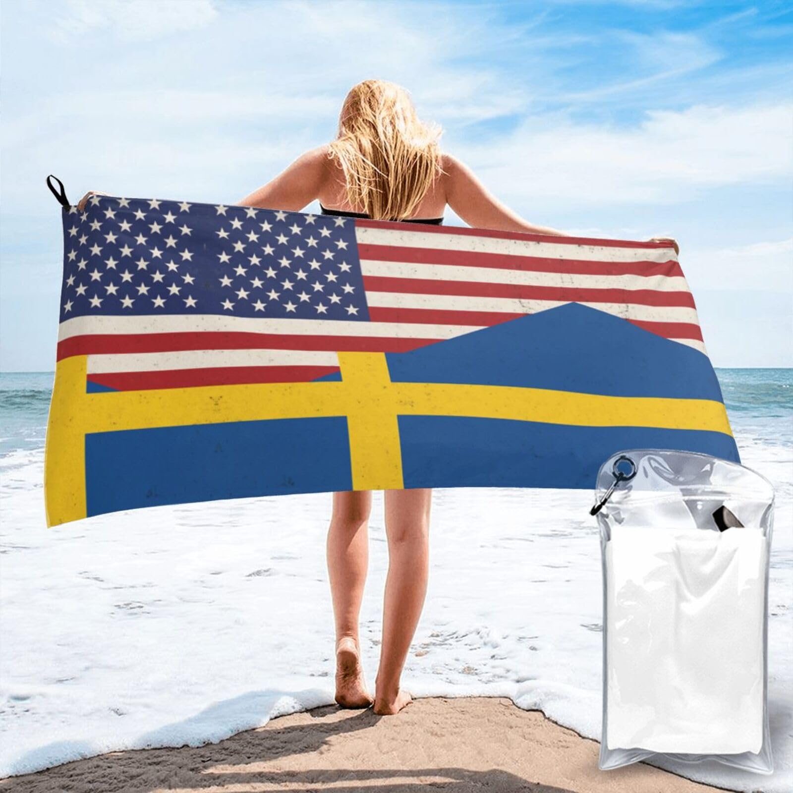 HLBSDM United States & Sweden Print Beach Towel Quick Dry Portable for Swimming Yoga Travel Campers