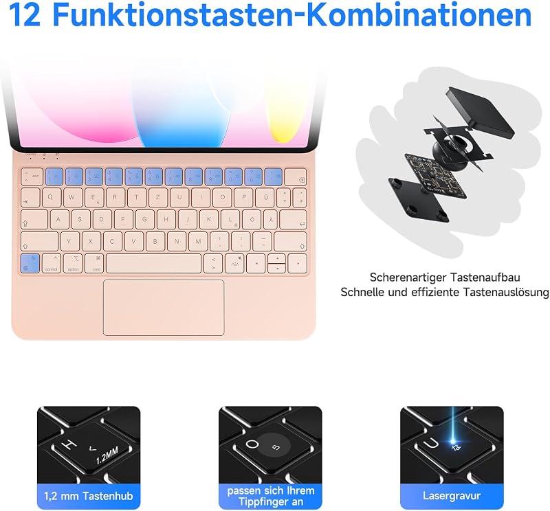 HOU iPad 10 Billentyűzet Trackpaddal - 7 Színű Háttérvilágítás, Mágneses Tok, QWERTZ Kiosztás, 10. Generációs iPad 2022 Kompatibilis, Rózsas