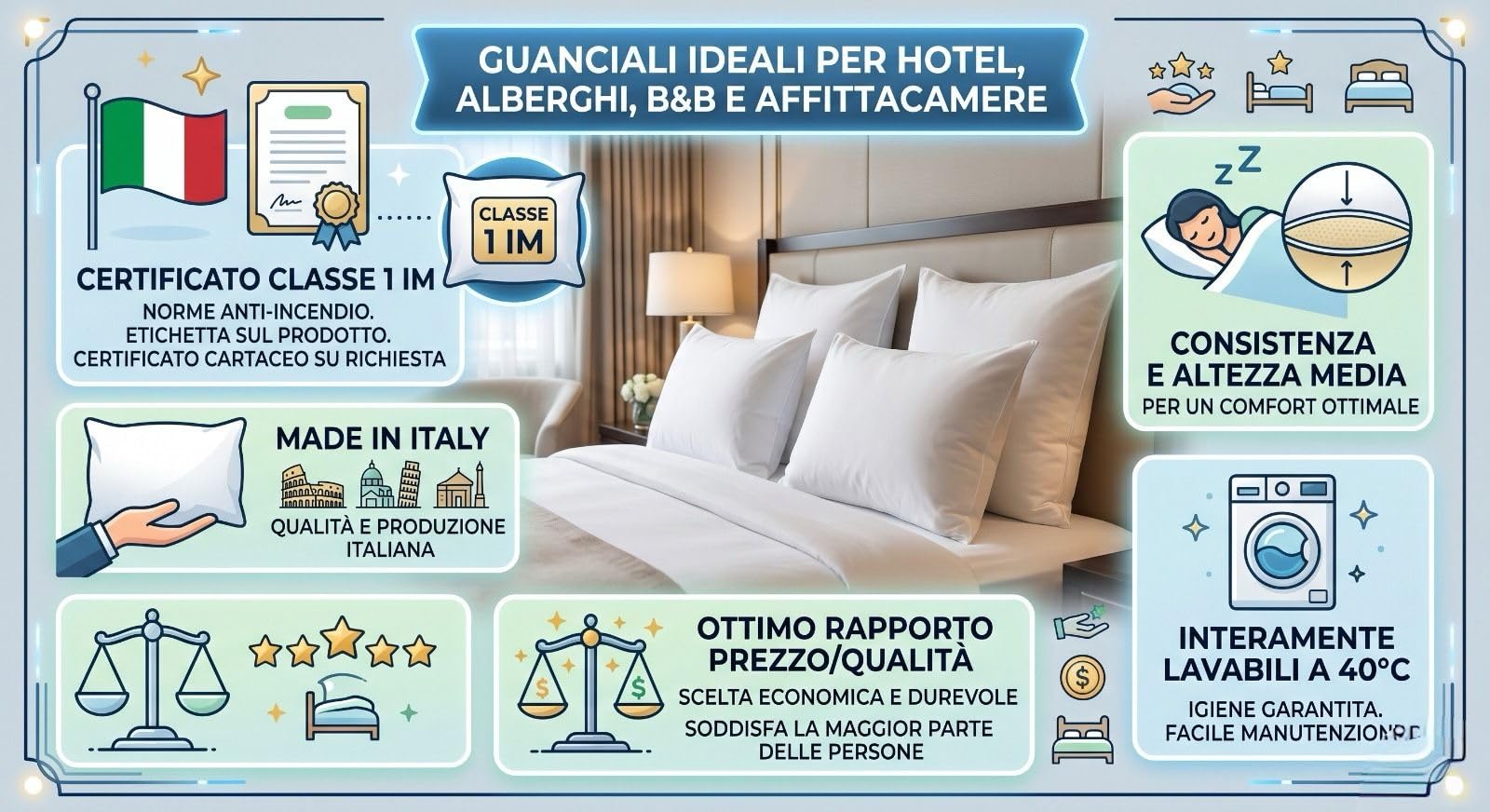 EFFETTO CASA Fornitura cuscini/guanciali da letto certificati IGNIFUGHI (8 pezzi)