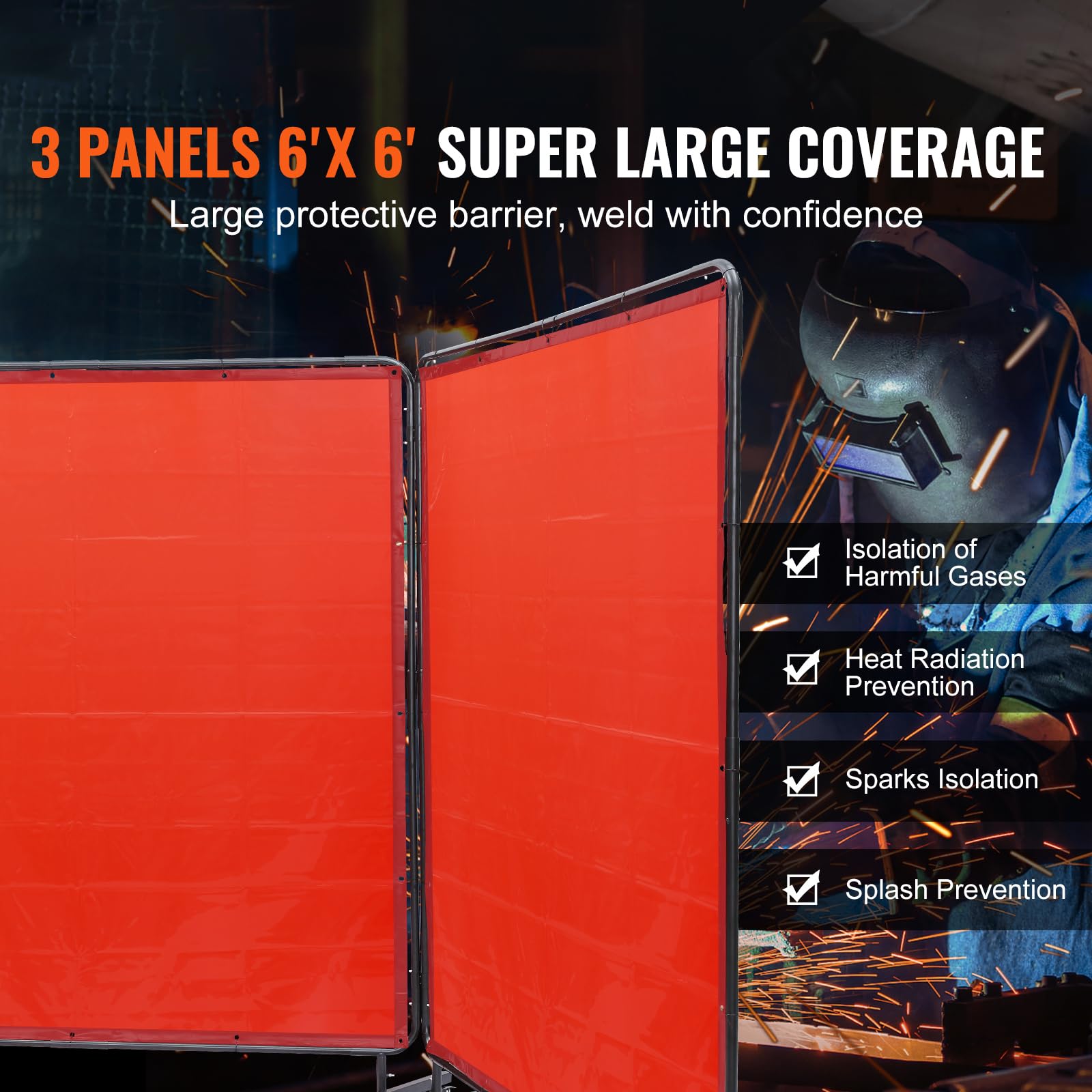 HappyBuy Welding Screen with Frame - 6' x 6', 3 Panel, Flame-Resistant Vinyl, 12 Swivel Wheels (6 Lockable), for Workshop, Red