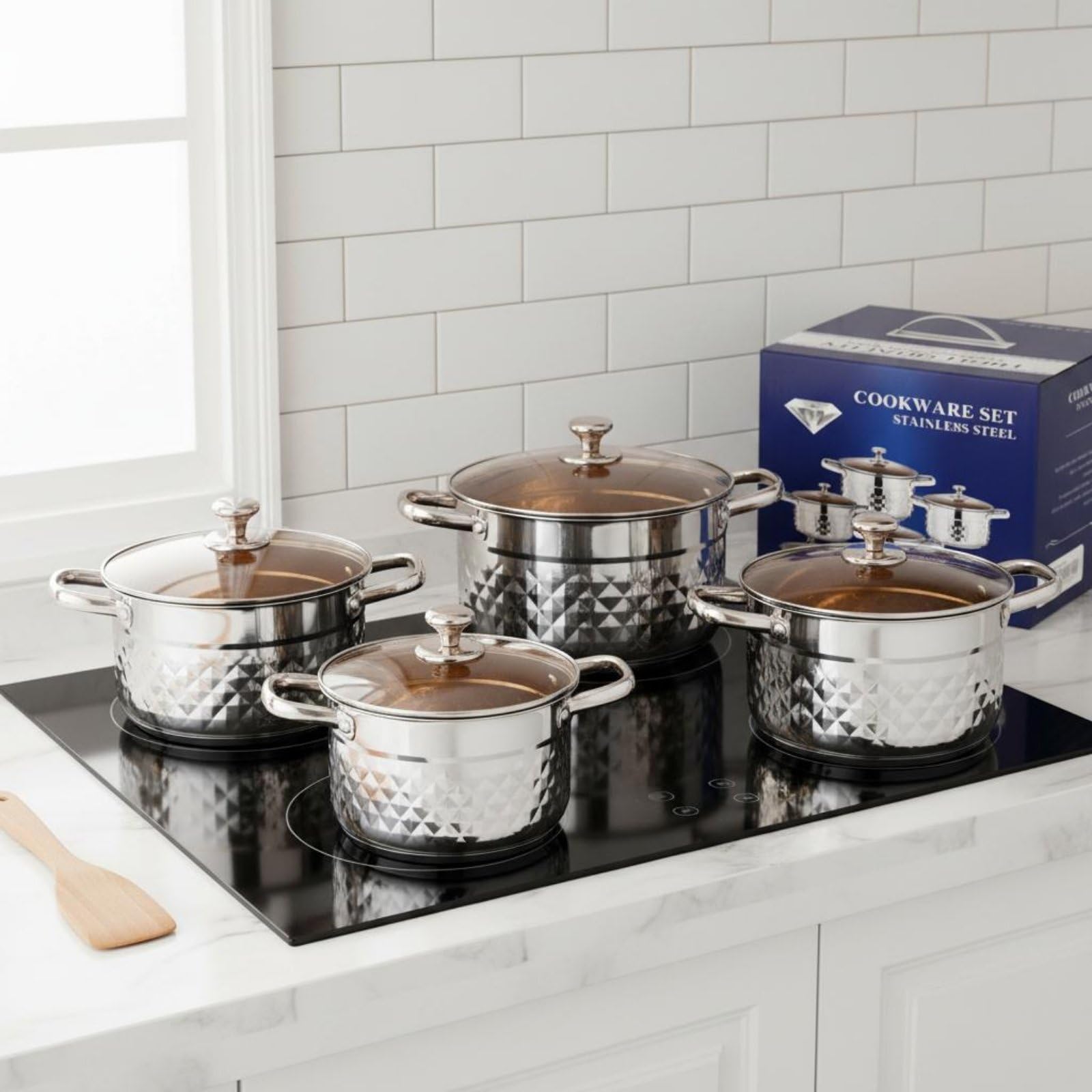 8 Pièces Set de Casseroles Inox Double Poignée Casserole En Acier Inoxydable Fond Épais Ensemble de Cuisine En Acier Inoxydable pour Restauration, Moderne, Poignées En Or Rose