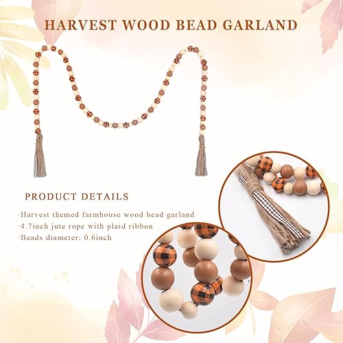 Miniatura 8 de Decoración de Halloween Guirnalda de cuentas de madera con borla, decoración de bandeja escalonada para el hogar con cuerda de yute a cuadros,