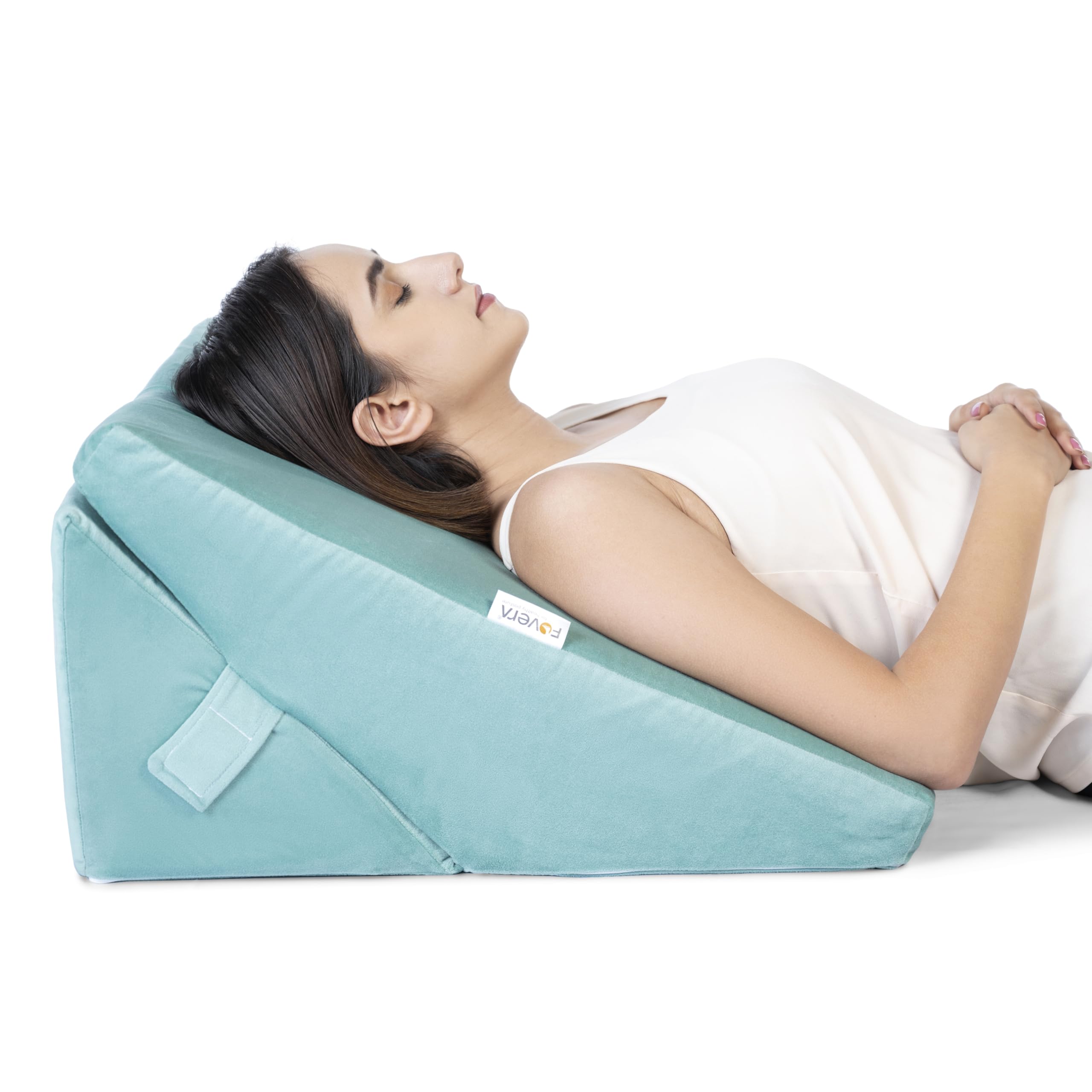 FOVERA Wedge Pillow for Back Support, Adjustable Memory Foam Bed Wedge Pillow for Sleeping, Acid Reflux, GERD, Snoring, Pregnancy, Post-Surgical Recovery (Velvet Aqua Green, Standard - 22x22x12 Inch)