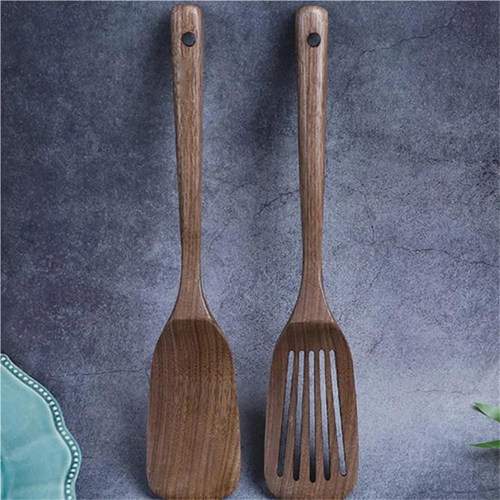 Espátula de Madera y espátula ranurada for cocinar, Mango Largo de Nogal Negro y ranurada for Utensilios de Cocina antiadherentes.