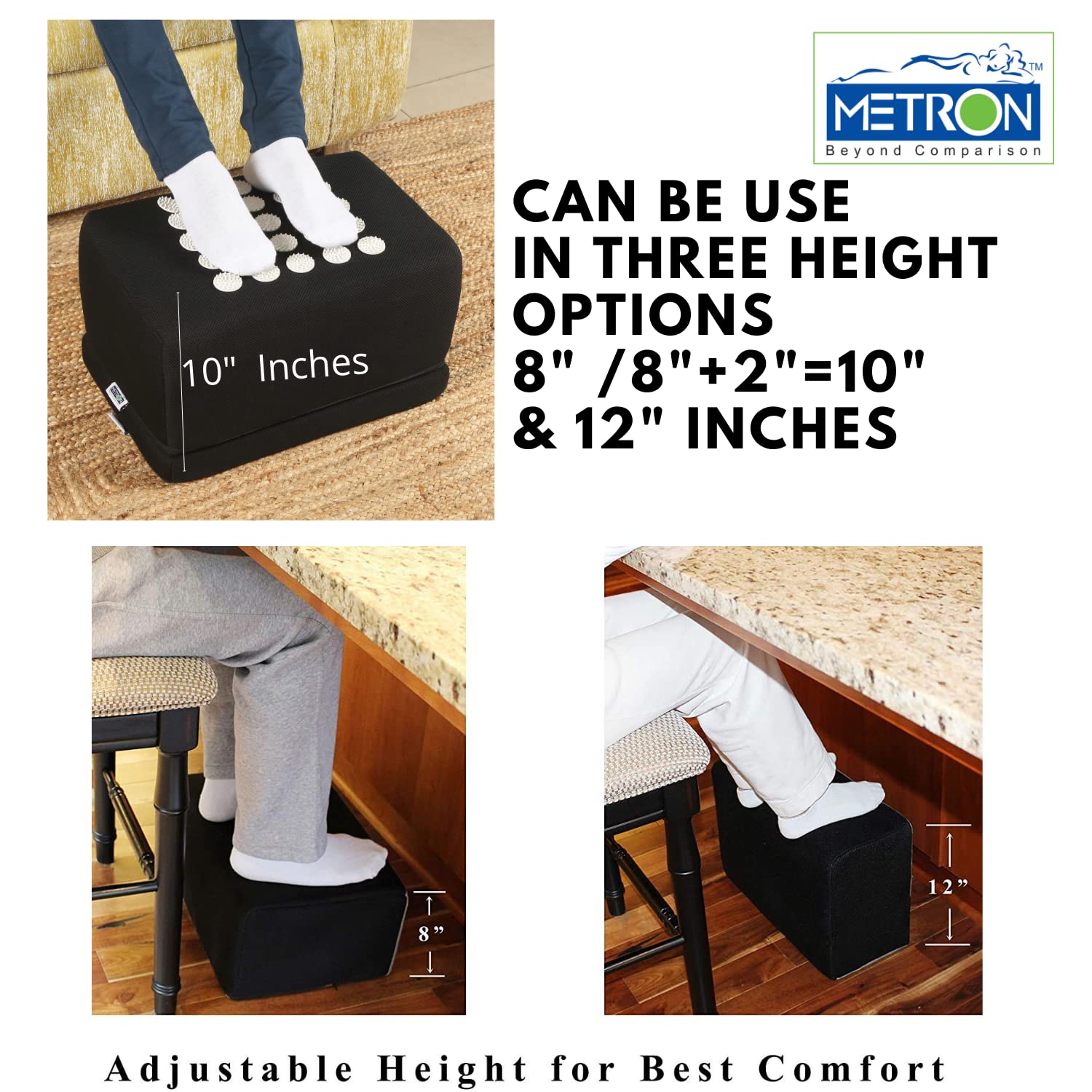 Metron Adjustable XL Foot Rest for Under Desk, Sofa & High Chairs – Ergonomic Footrest with 2 Height Settings, Acupressure Stimulators for Pain Relief, Ideal for Shorter People & Seniors | Office & Home Use