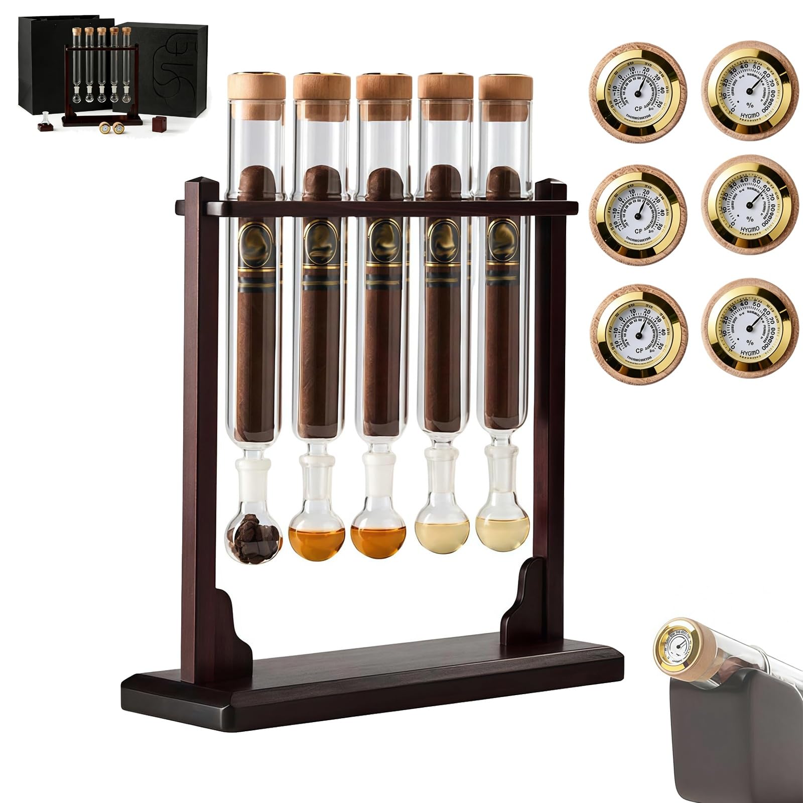 Humidificador de inyector de sabor a cigarro, pantalla de aromaterapia hecha a mano con termómetro e higrómetro, kit de humidificador de tubo de vidrio con infusor de cigarro, base de Padauk
