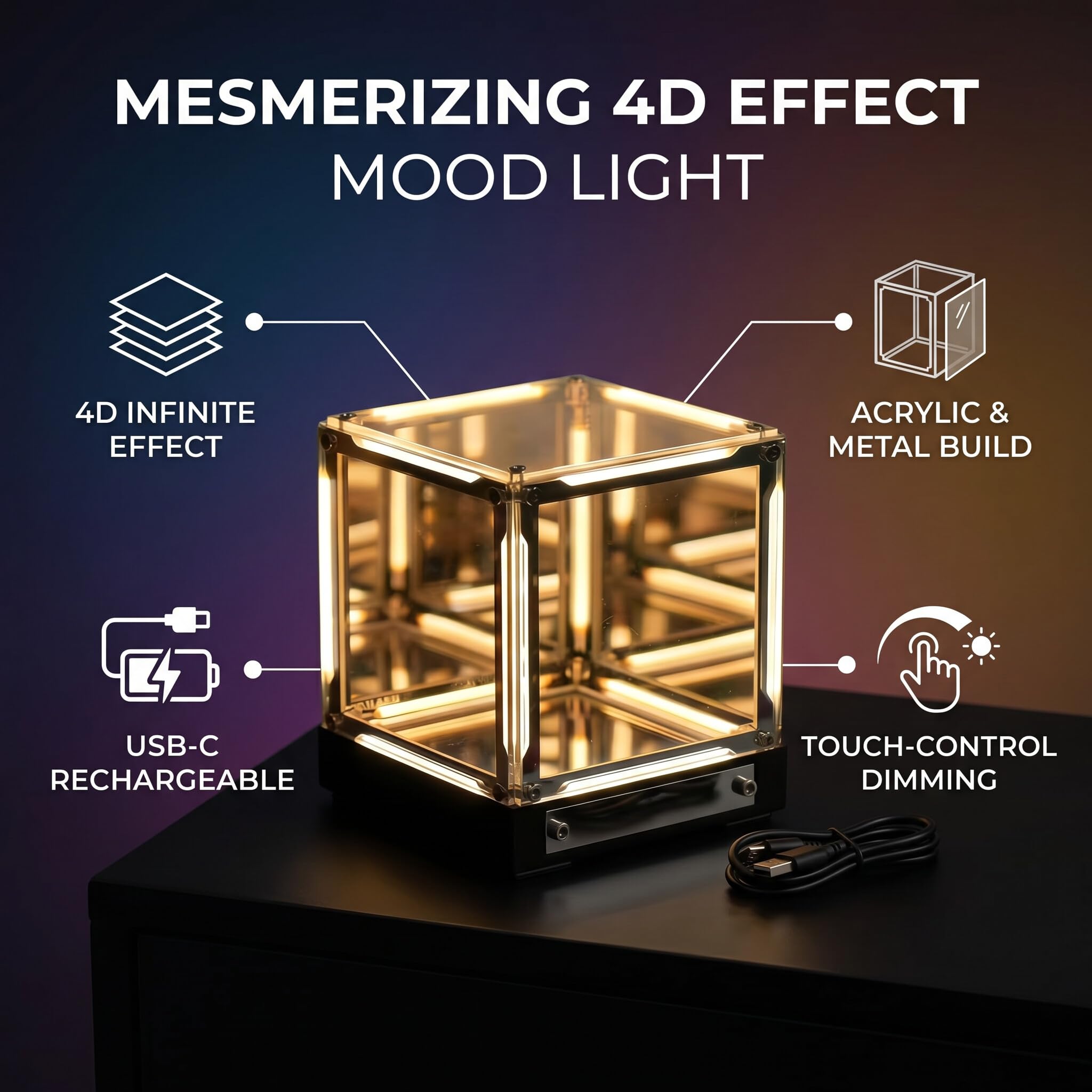 Fabater Lampada Cubo a Specchio 4D, Luce LED Hyper Cube con Controllo Touch, Lampada Creative Infinite Abyss, Lampade da Comodino Dimmerabili, Luce Notturna Ricaricabile
