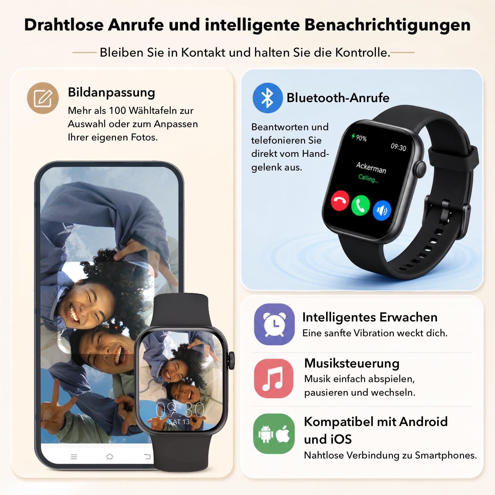 Smartwatch Damen Herren 1,85" HD Touch Fitnessuhr mit Telefonfunktion, 140+ Sportmodi, Pulsmesser, Schlafmonitor, Schrittzähler, IP68 Wasserdicht iOS Black