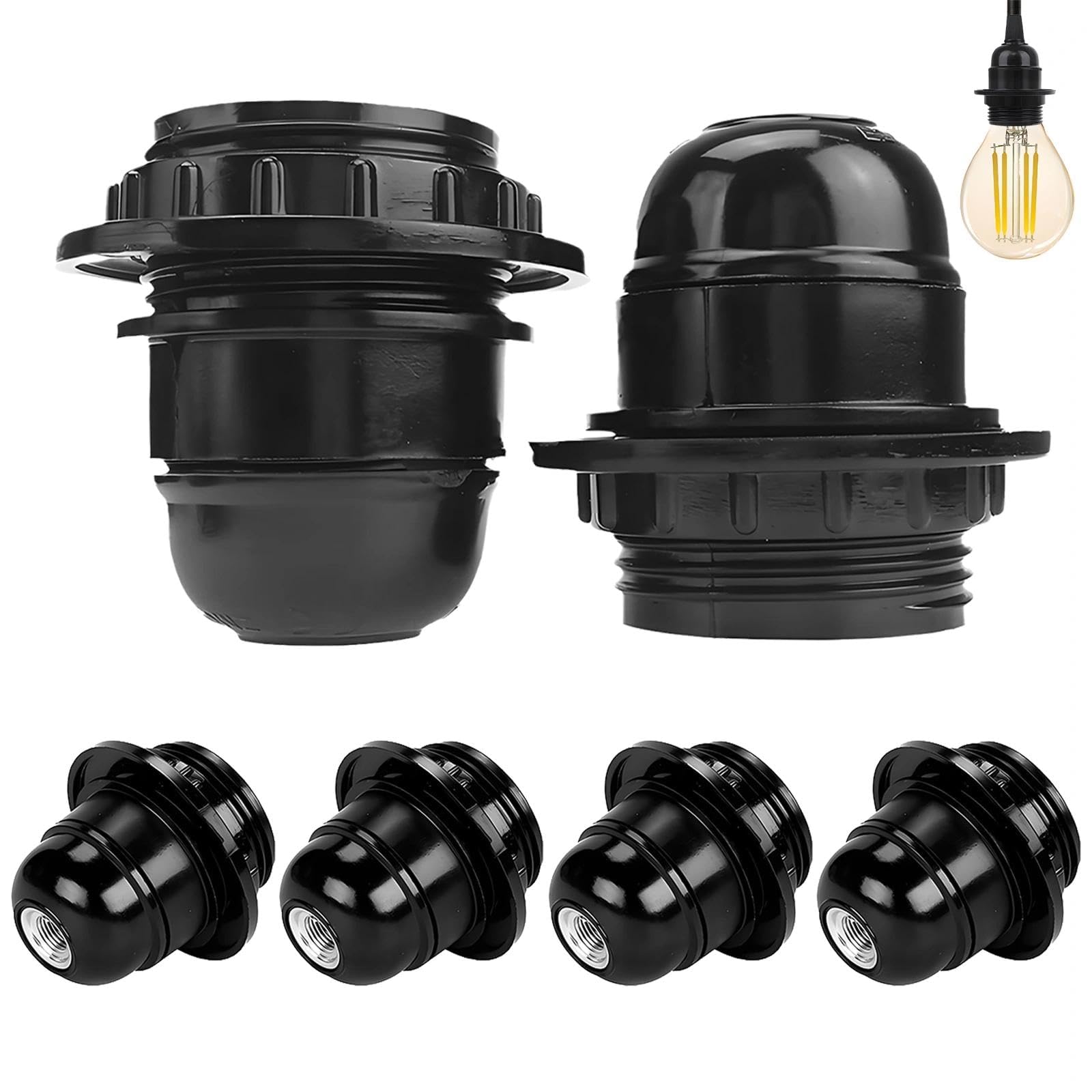 Haoxizi Black 6 Pcs Edison Screw Es Bakelite Lamp Holder, E27 Lampholder In Bakelite With Shade Ring, Edison Screw Bulb Holder, With 10Mm Threaded Entry & Shade Ring, For Table, Ceiling, Pendant Light Fitting
