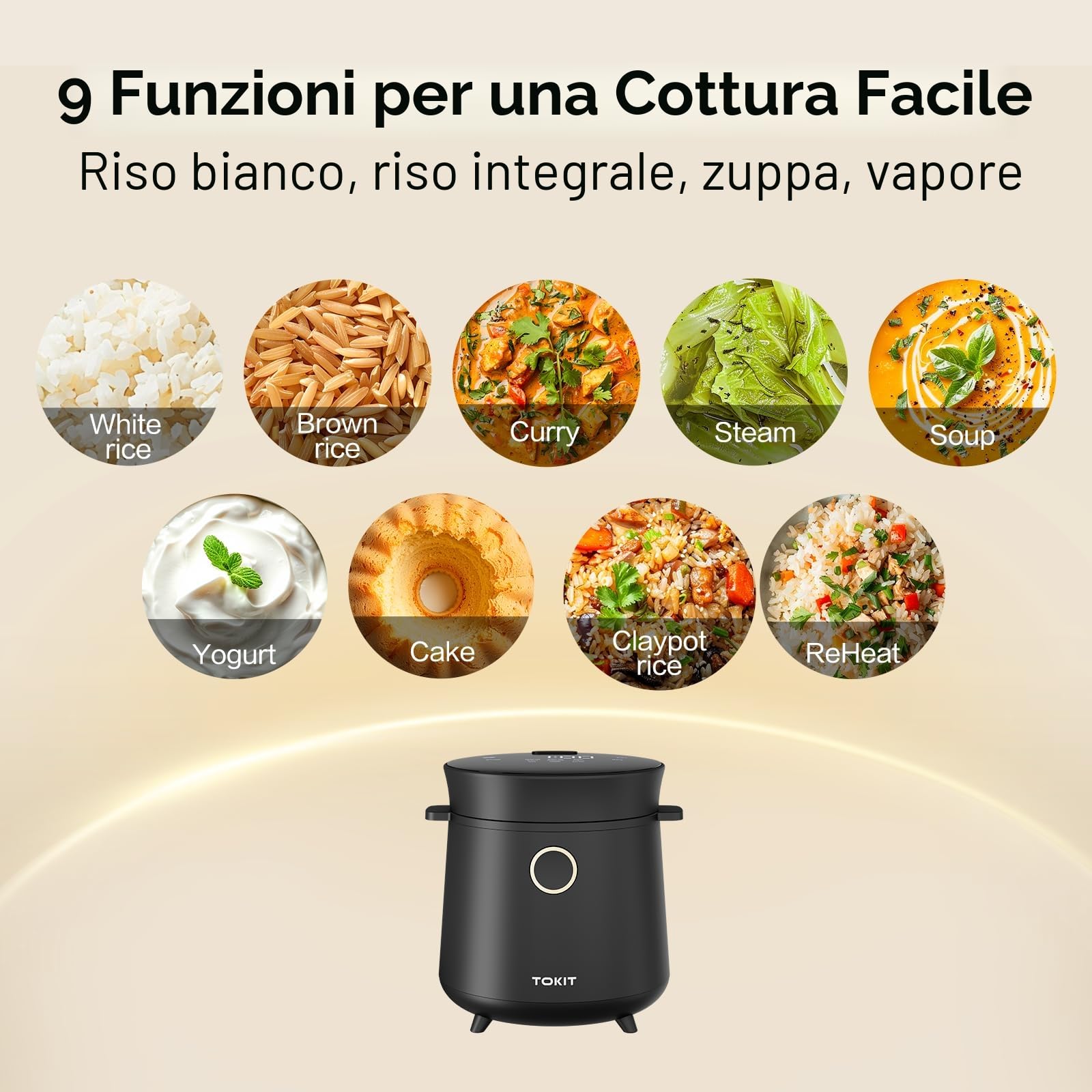 TOKIT Mini Cuociriso Da 1,5 L Per 1-2 Persone – 9 Funzioni, Timer 24 Ore, Interno In Ceramica Antiaderente, Ideale Per Casa, Dormitori Ed Esterni