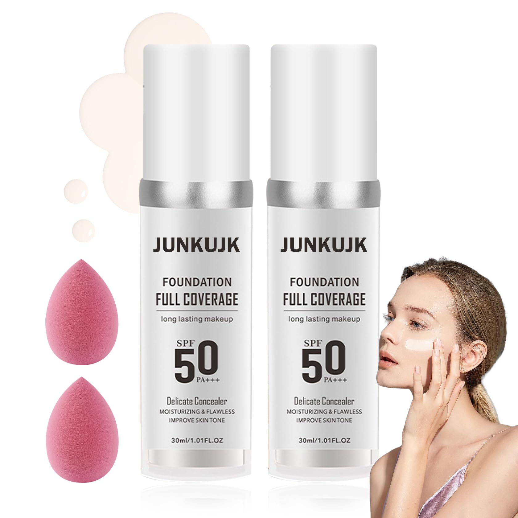 2PCS Color Changing Foundation with SPF 50 +++,Moisturizing Liquid Foundation Makeup Kit with 2 Makeup Sponges,Oil Control Long Lasting Non-greasy