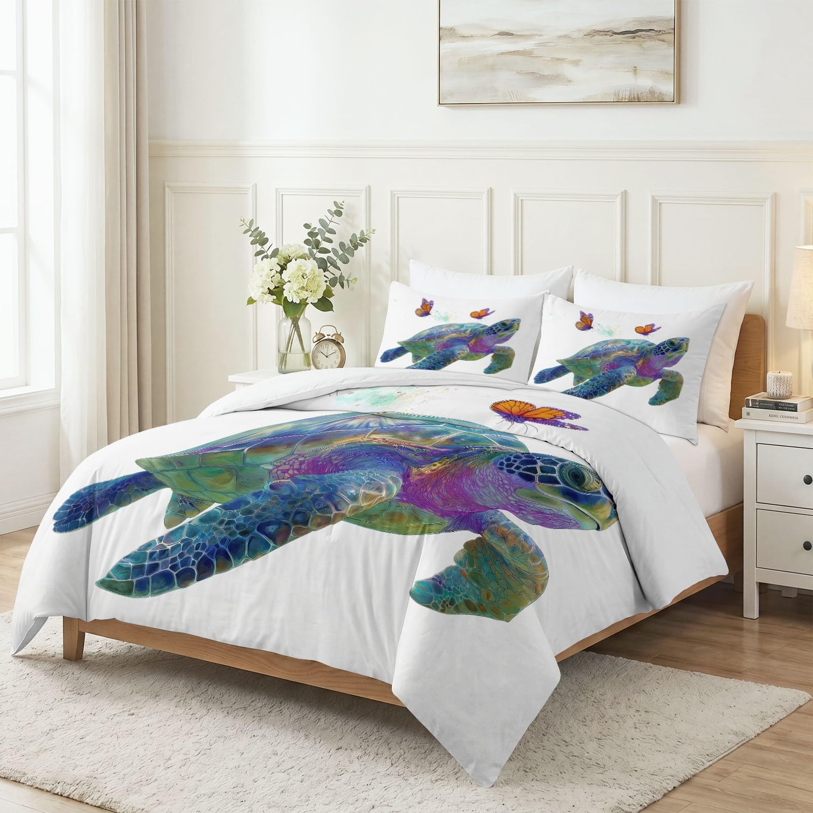 200 x 200 cm Zestaw pościeli dla dzieci, fantazyjne zwierzęta żółw morski poszwa na kołdrę z nadrukiem 3D - Miękka i wygodna poszwa na kołdrę 3-częściowa poszwa na kołdrę z 2 poszewkami na poduszki