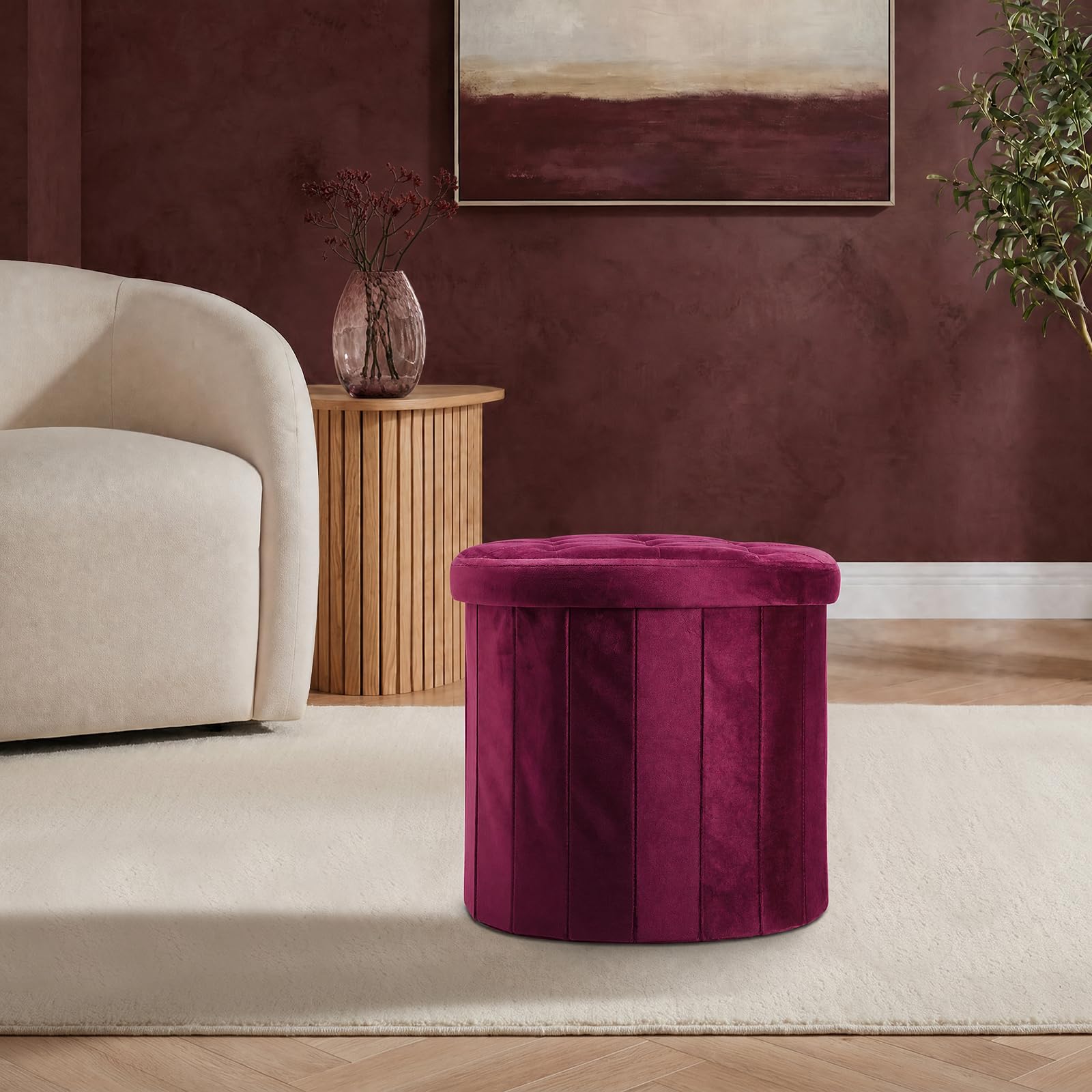 OHS Ottoman Storage Round Matte Velvet Folding Pouffe with Lid, Berry
