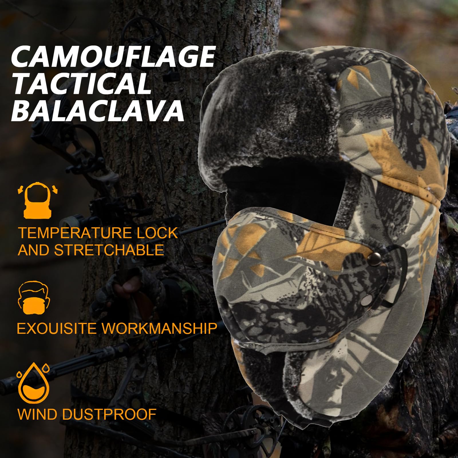 TAGVO Hiver Chapka Camouflage Chapeau de Trappeur Bombardier, Chapeau de Cavalier Oreille Chaude avec Masque Coupe-vent, Chapeau de Chasser Unisexe Ushanka pour Ski en Plein Air