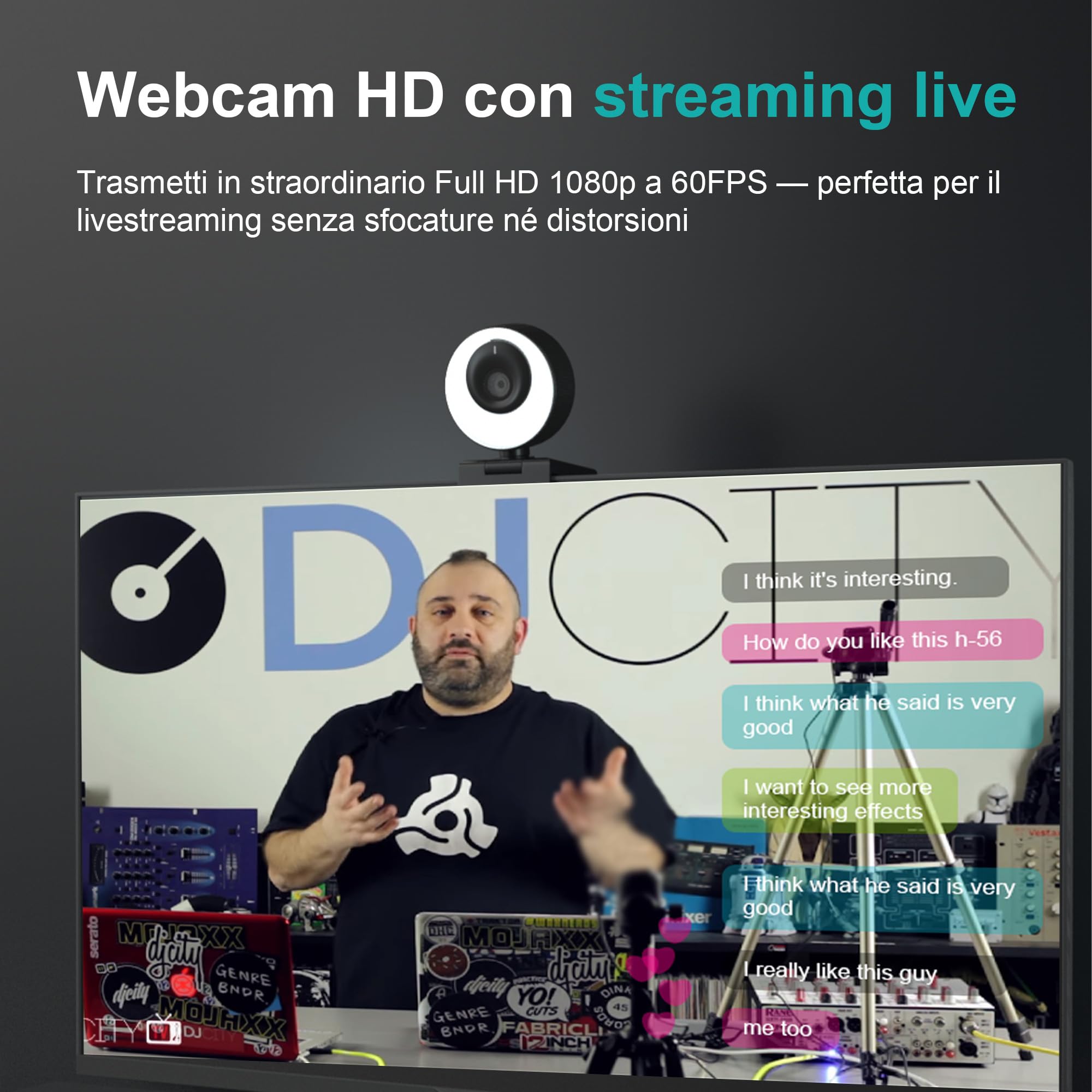 Webcam 1080P 60FPS con Microfono, Ring Light, Autofocus, 3 Modalità di illuminazione con Dimmerazione Continua per Videoconferenze su PC, Mac, Laptop e Tablet