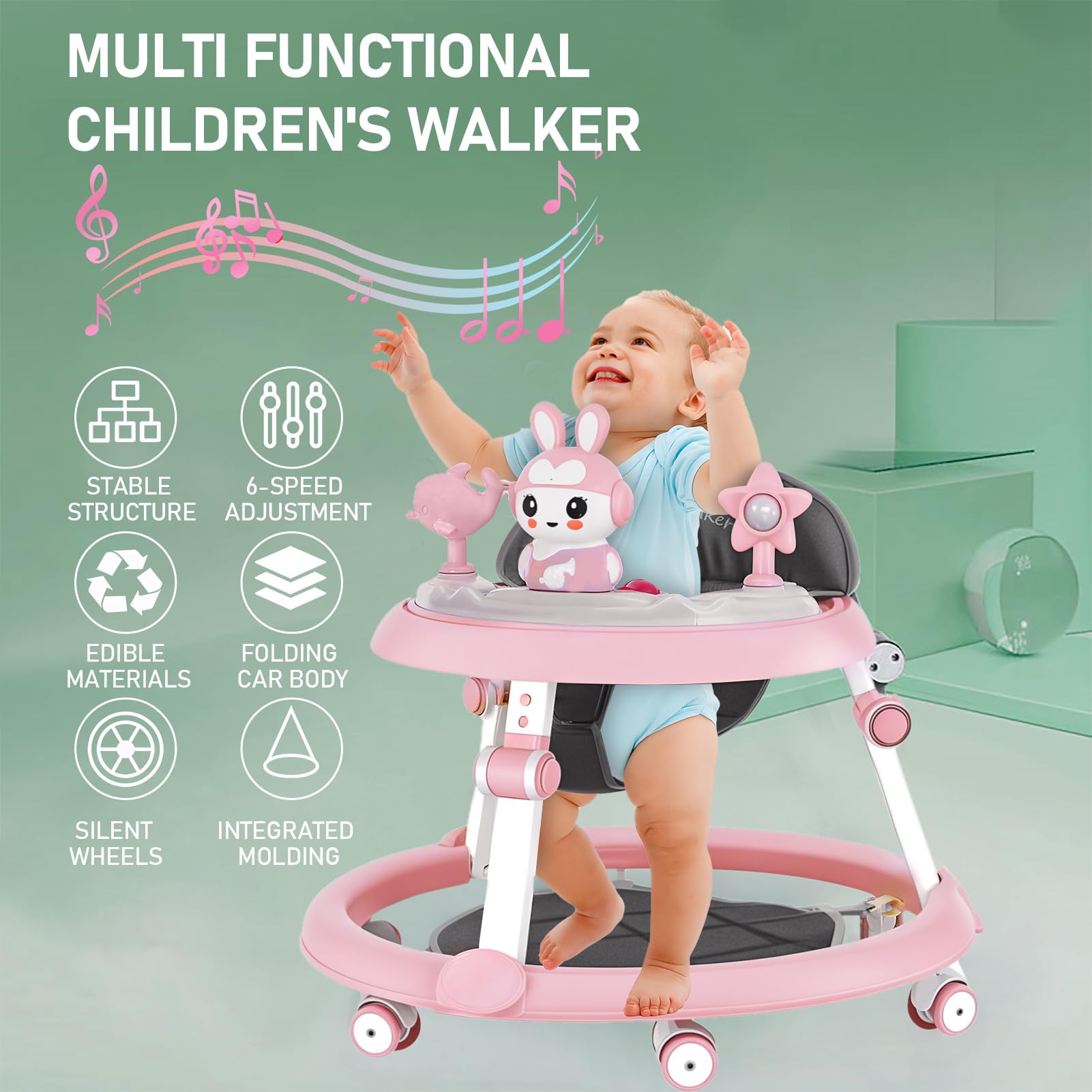 Trotteur Bébé Pliable, Youpala Bébé Évolutif Réglable en Hauteur 7 Niveaux, Trotteur Bébé Multifonction avec Roues Silencieuses Centre Activités Plateau Amovible Anti Basculement 6 à 18 Mois (Rose)